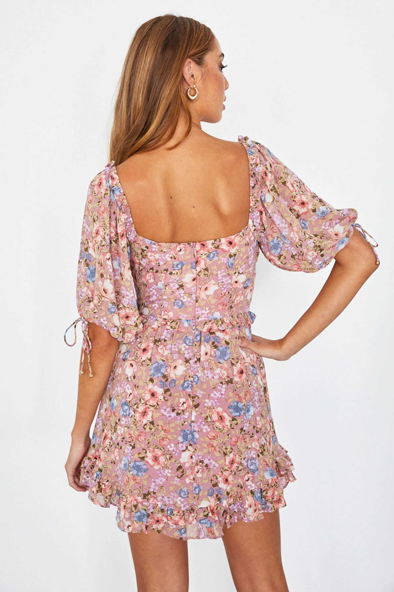 Kirra Puff Sleeve Ruched Bodice Dress Floral Pink - Sonourner