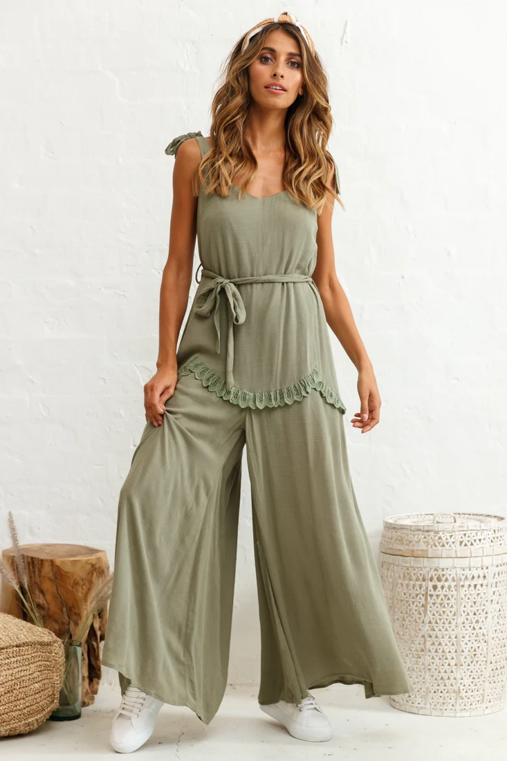 Talitha Tie Strap Wide Leg Jumpsuit Khaki - Sonourner