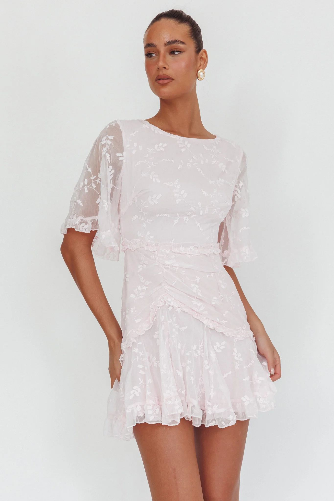 Leona Half Sleeve Frill Trim Dress Embroidered Blush - Sonourner