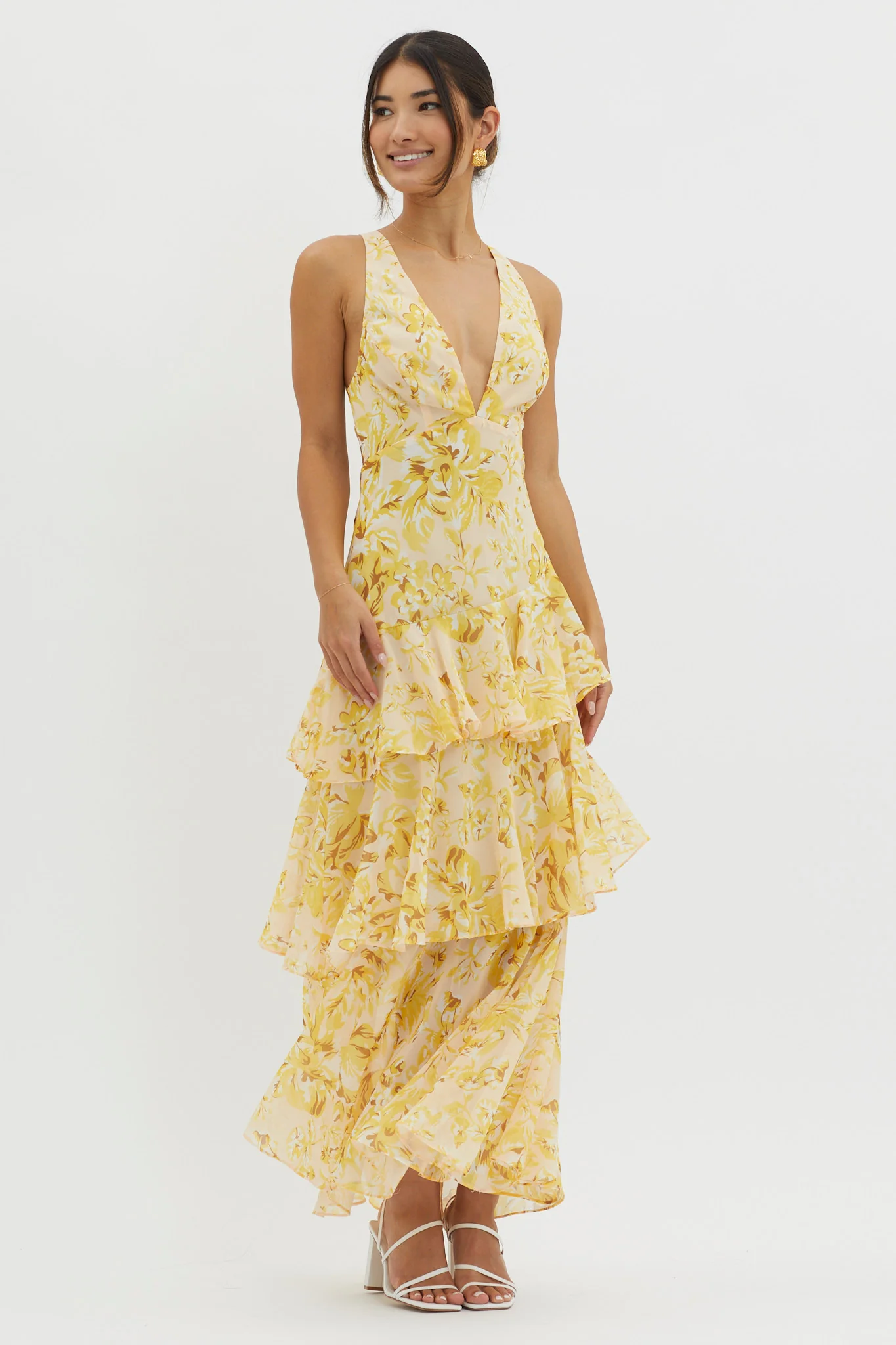 Veda Strappy Back Ruffle Midi Dress Floral Yellow - Sonourner