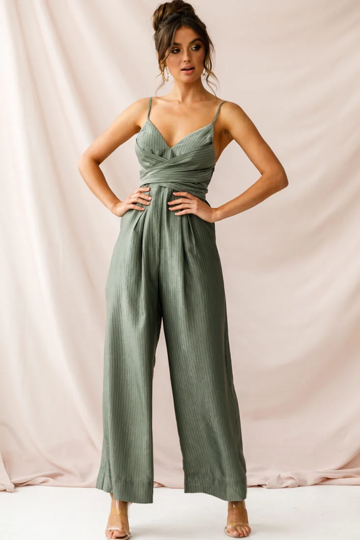 Nancy Wide Leg Pinstripe Jumpsuit Olive - Sonourner