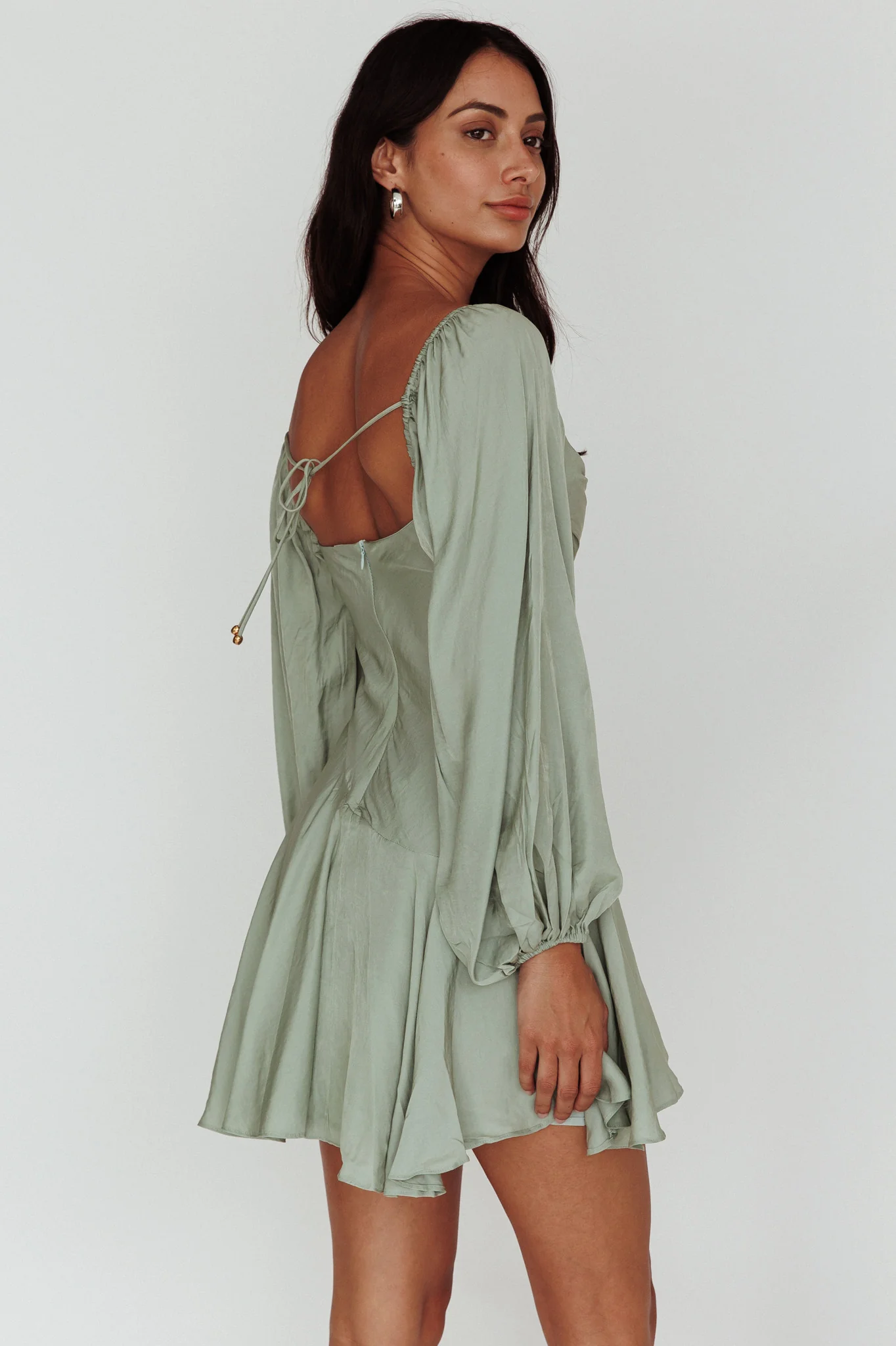 Beaujolais Long Sleeve Cowl Neckline Ruffle Mini Dress Sage - Sonourner