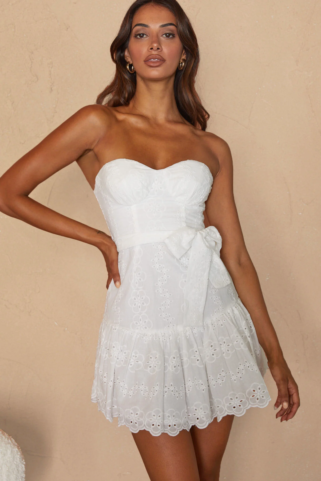 Celeene Sweetheart Neckline Flounce Hem Eyelet Mini Dress White - Sonourner