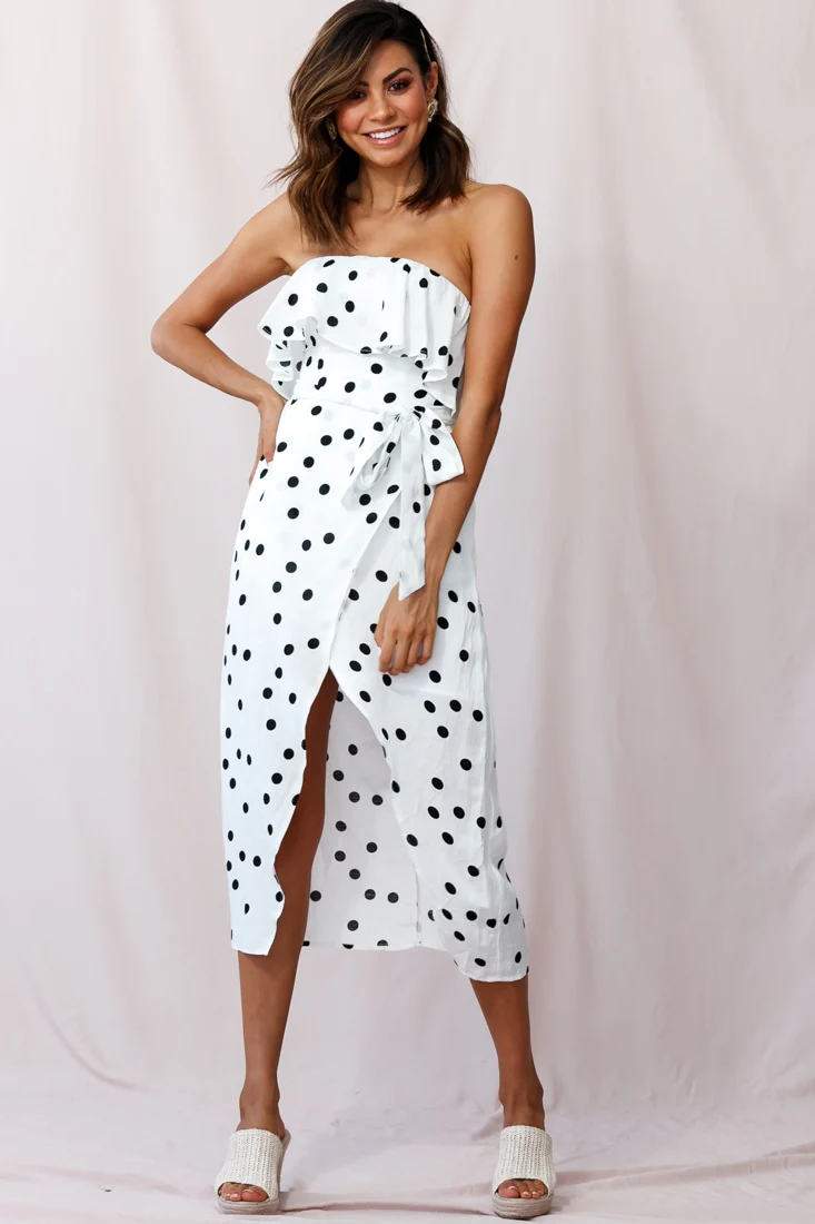 Hamilton Bandeau Midi Wrap Dress Polka Dot Print White - Sonourner