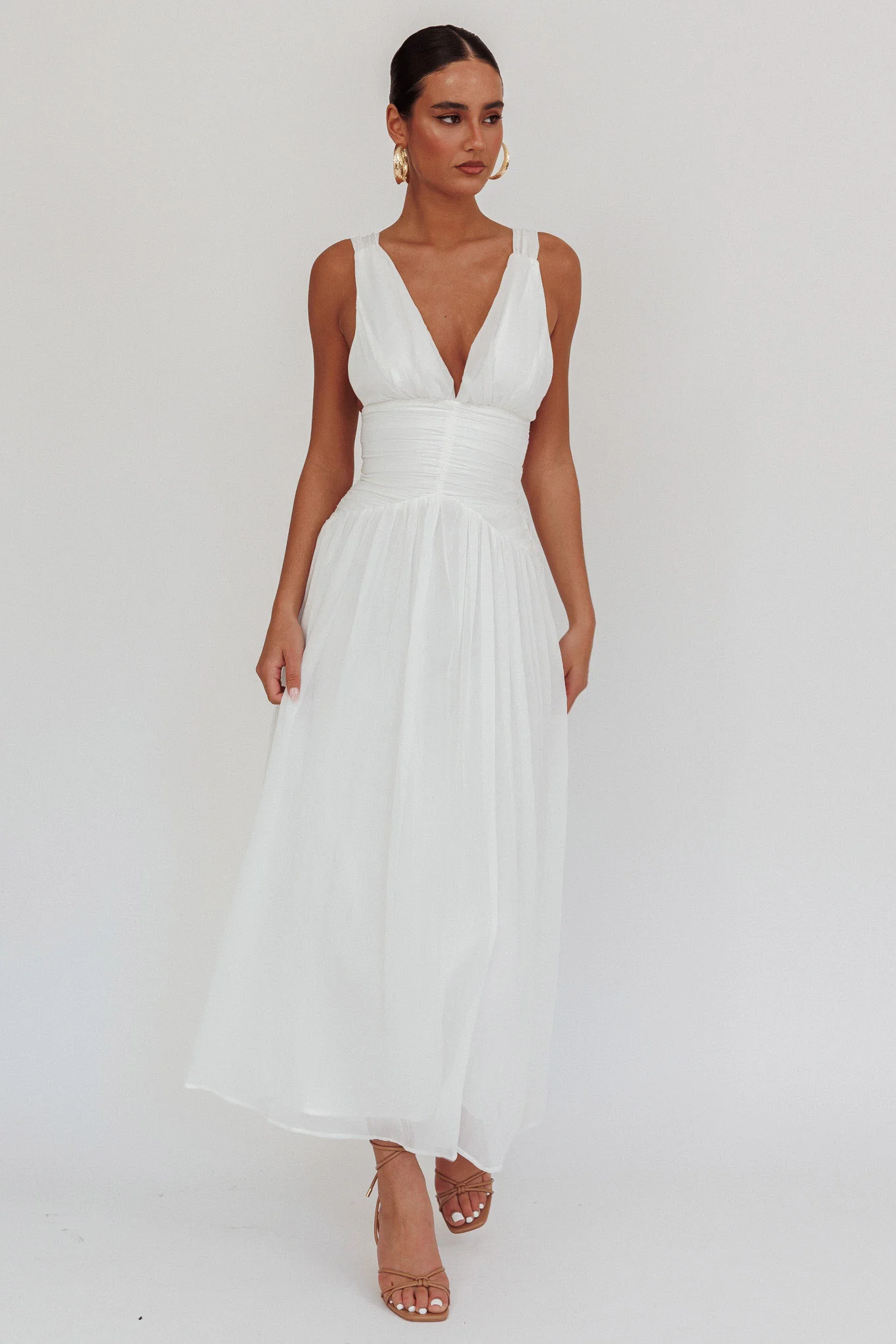 Sammi Ruched Waist Tied Back Maxi Dress White - Sonourner