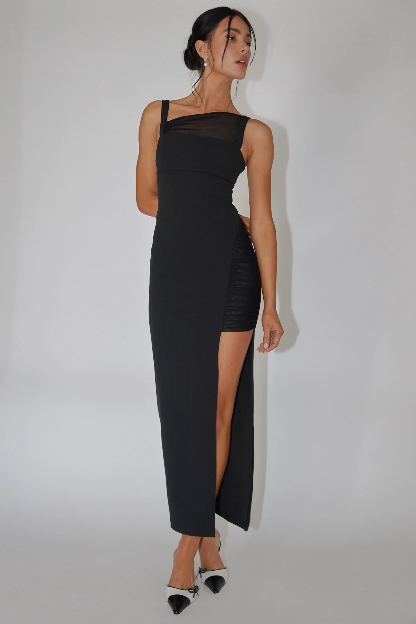 Zenya Split Ruched Midi Dress Black - Sonourner