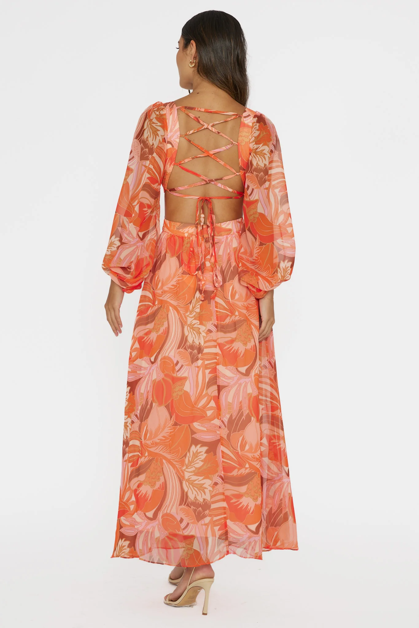 Maura Long Sleeve Lace-Up Back Dress Floral Orange - Sonourner