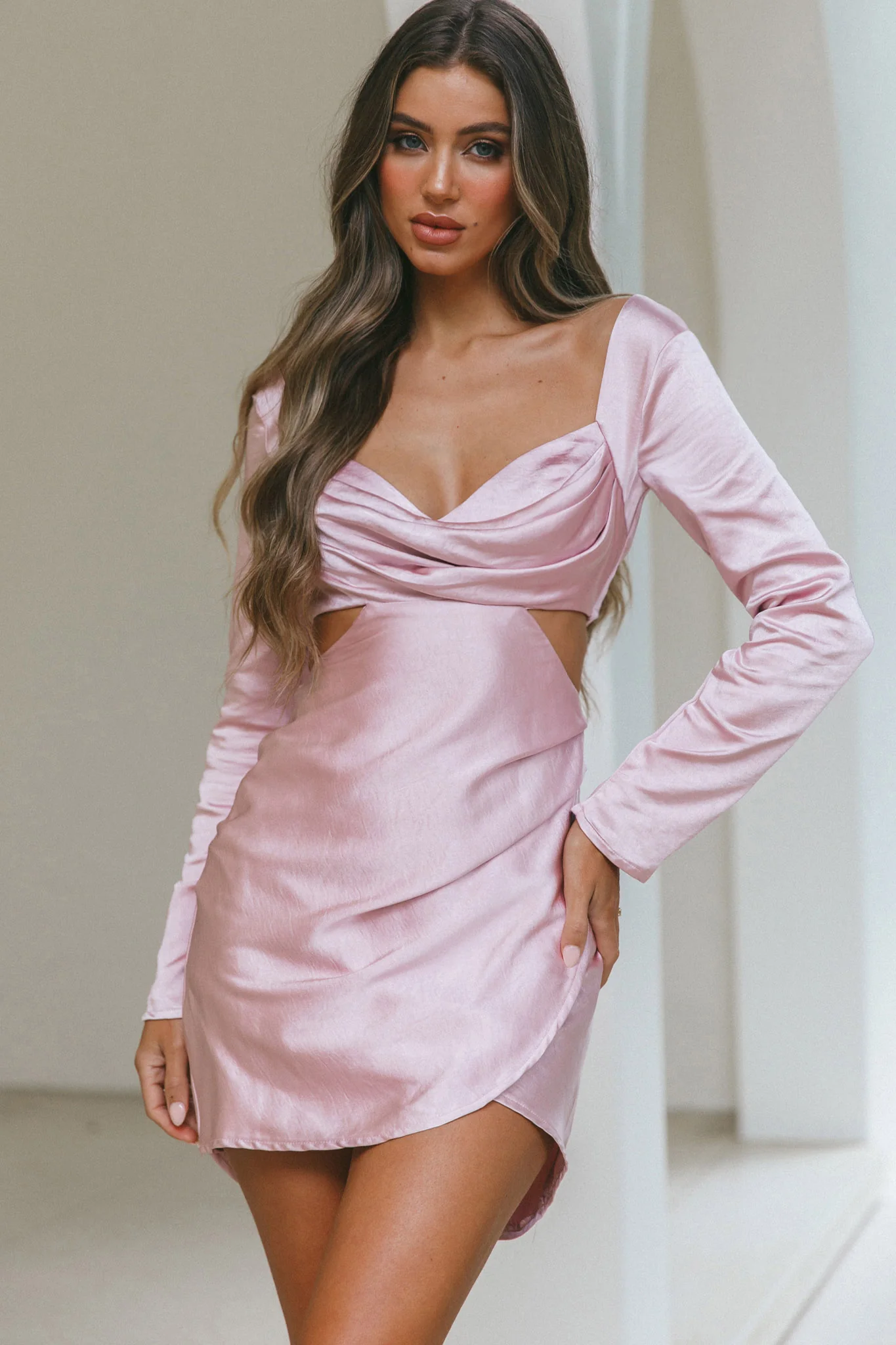 Shaken Not Stirred Cut-Out Waist Long Sleeve Pleat Mini Dress Blush - Sonourner