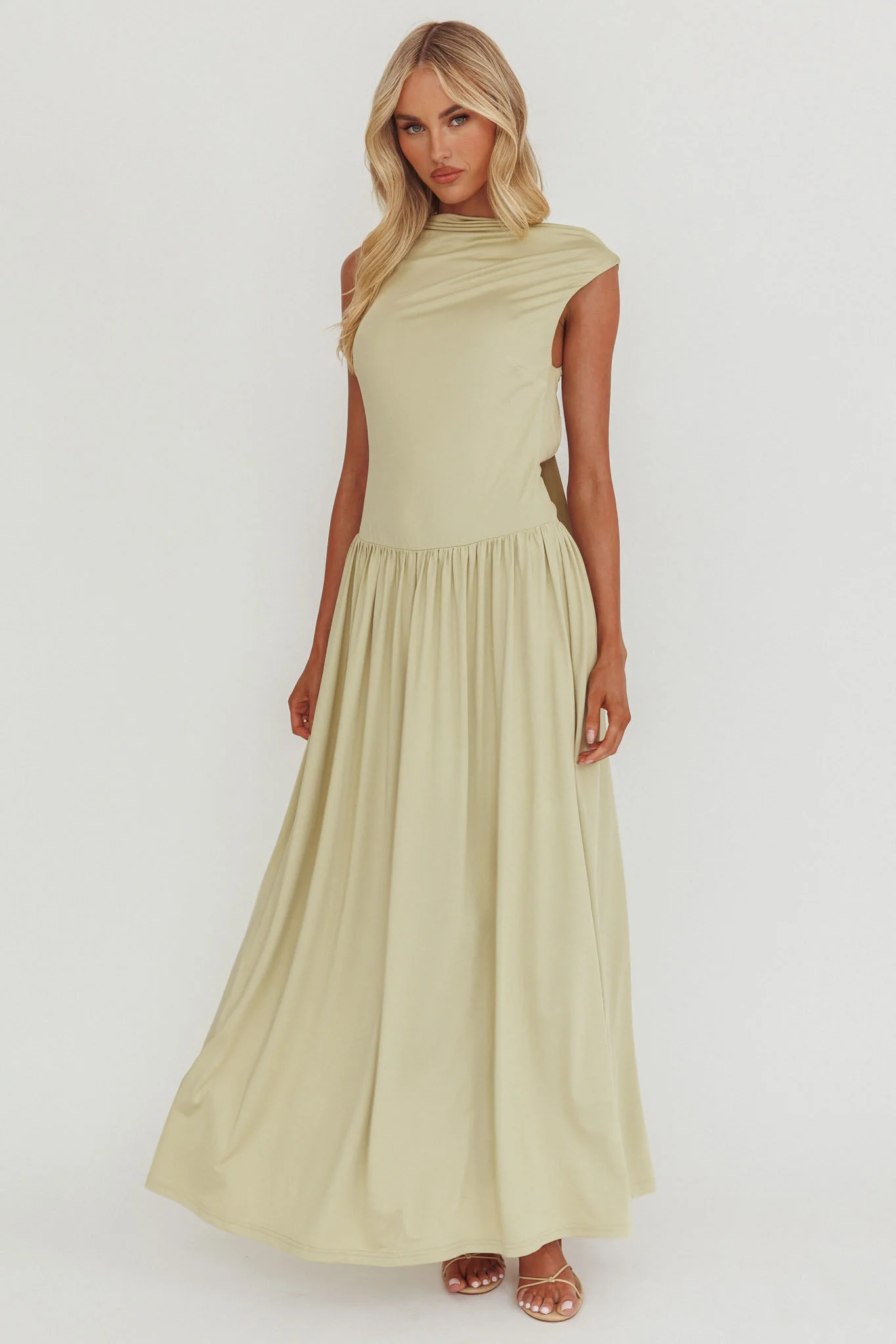 Dorothea High Cowl Open Back Maxi Dress Sage - Sonourner