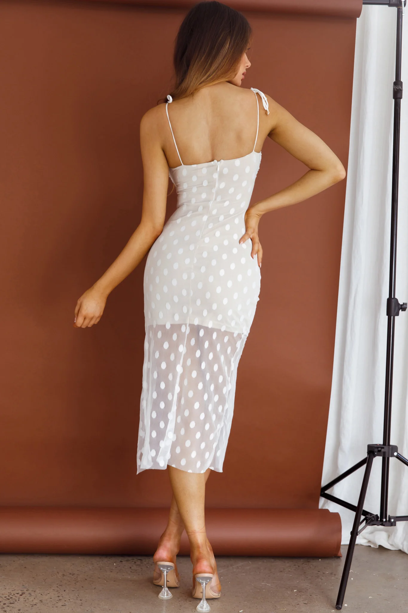 First Avenue Tied Strap Mesh Midi Dress Polka Dot White - Sonourner