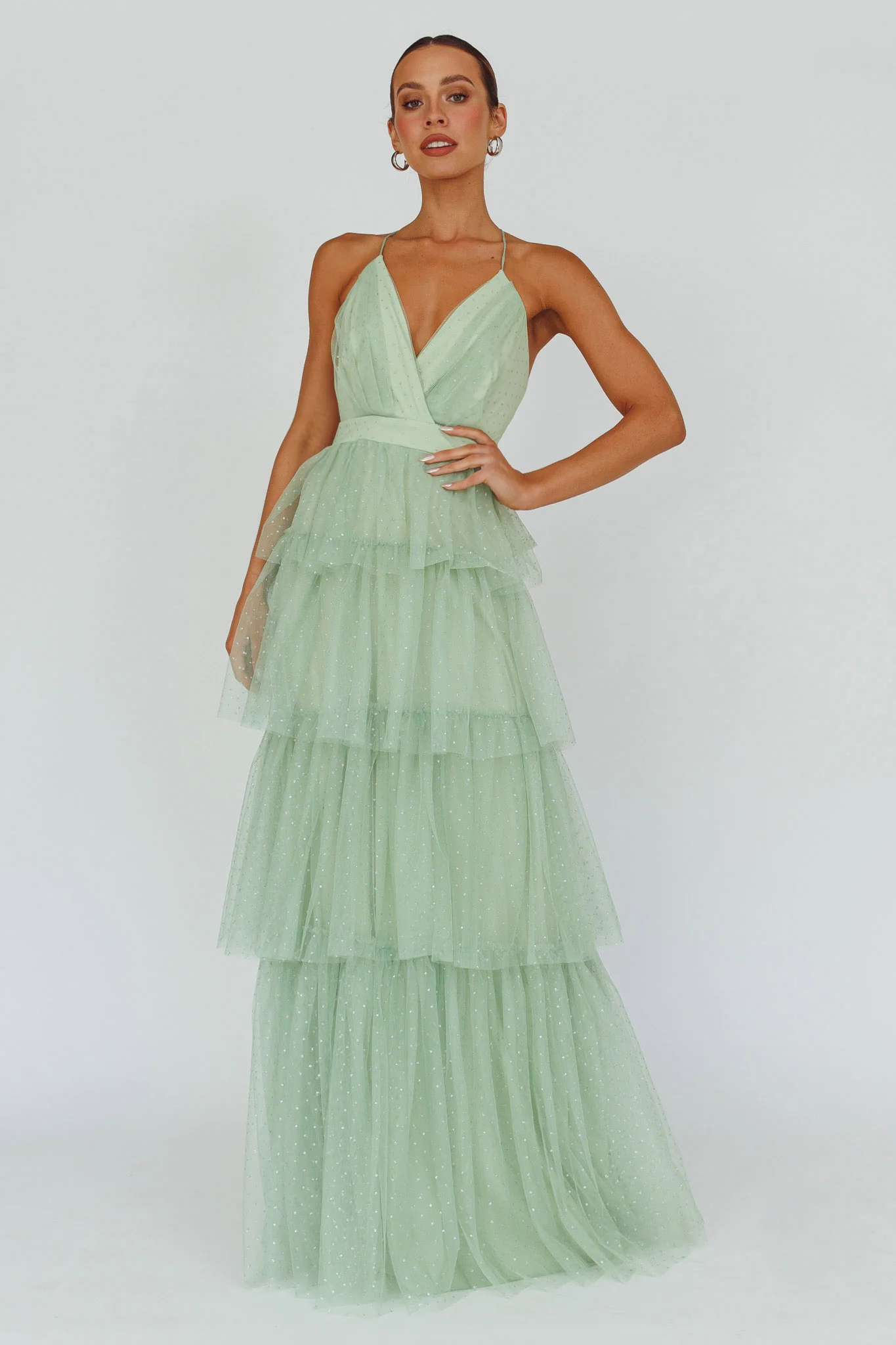 Seylah Tiered Frill Maxi Dress Glitter Sage - Sonourner