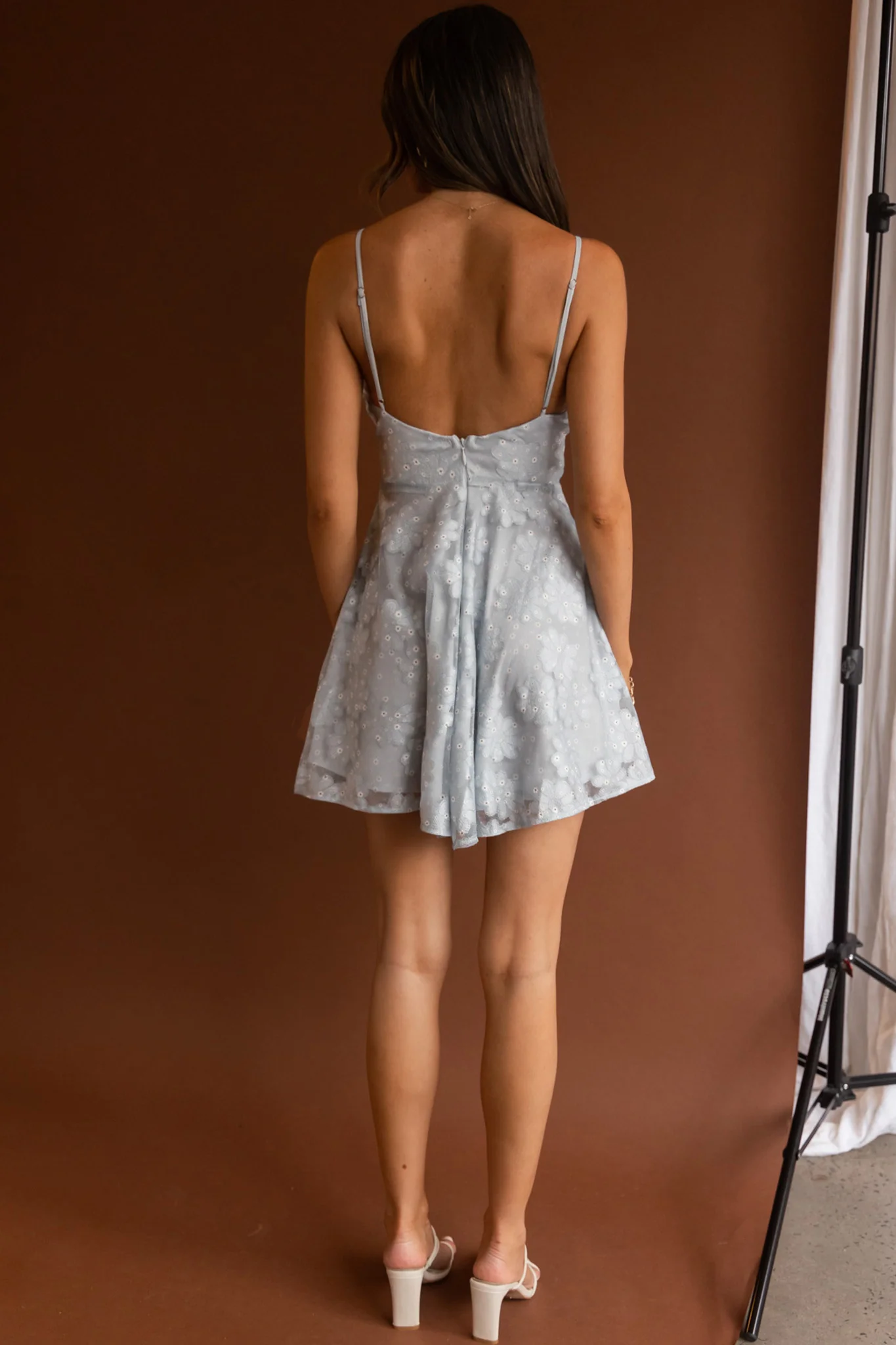 Marbella Floral Embroidered Mesh Scoop Neck Mini Dress Steel Blue - Sonourner