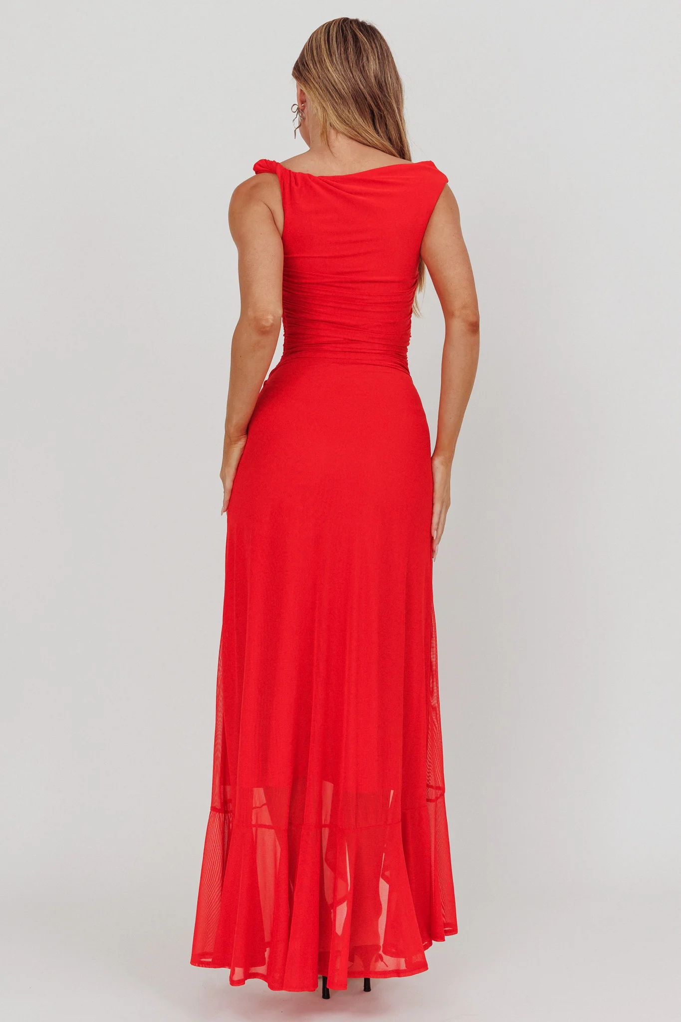 Moonlit Magic Asymmetric Neckline Maxi Dress Red - Sonourner