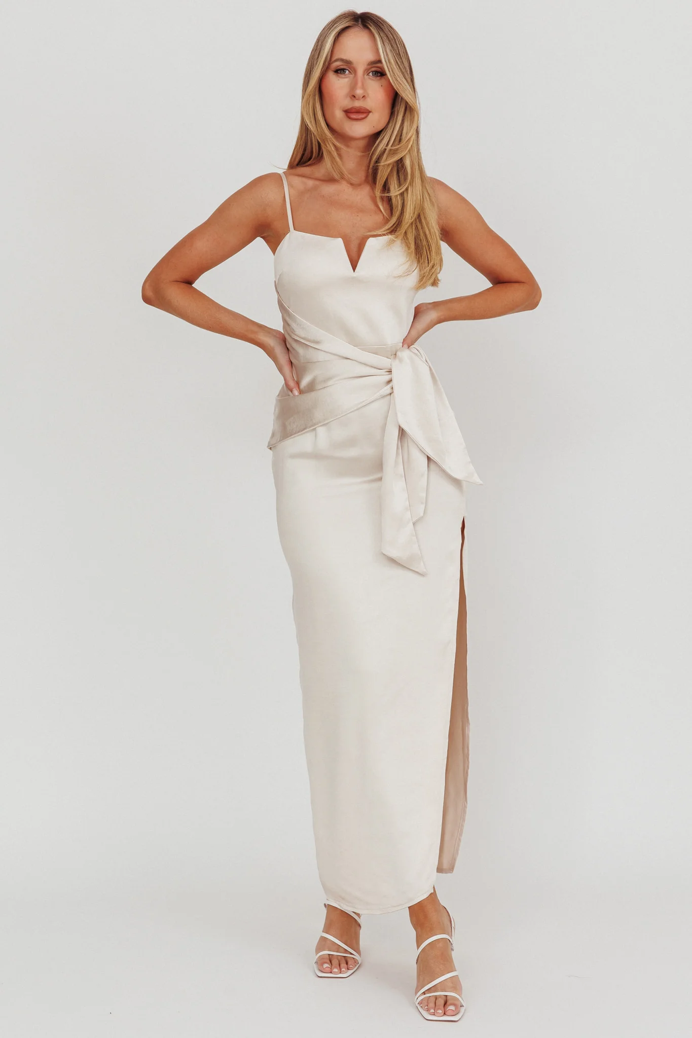 Celestine Waist Tie Satin Maxi Dress Light Champagne - Sonourner