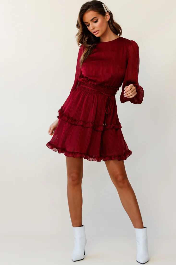 Mildred Long Sleeve Shirred Waist Frill Dress Wine - Sonourner