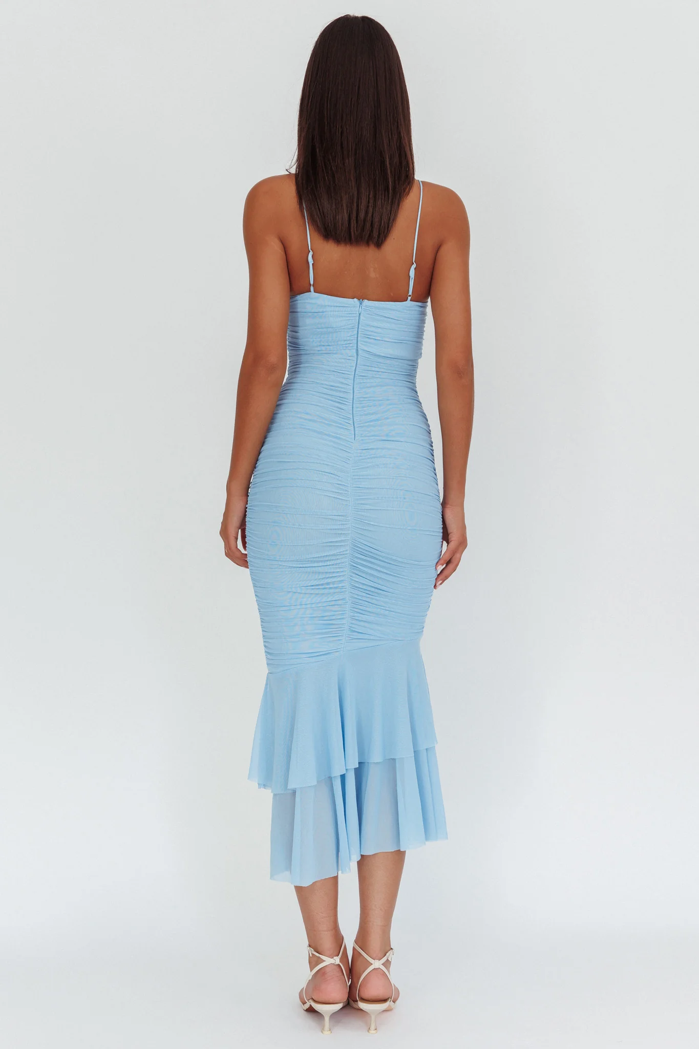 Nadia Ruffle Neckline Ruched Midi Dress Blue - Sonourner