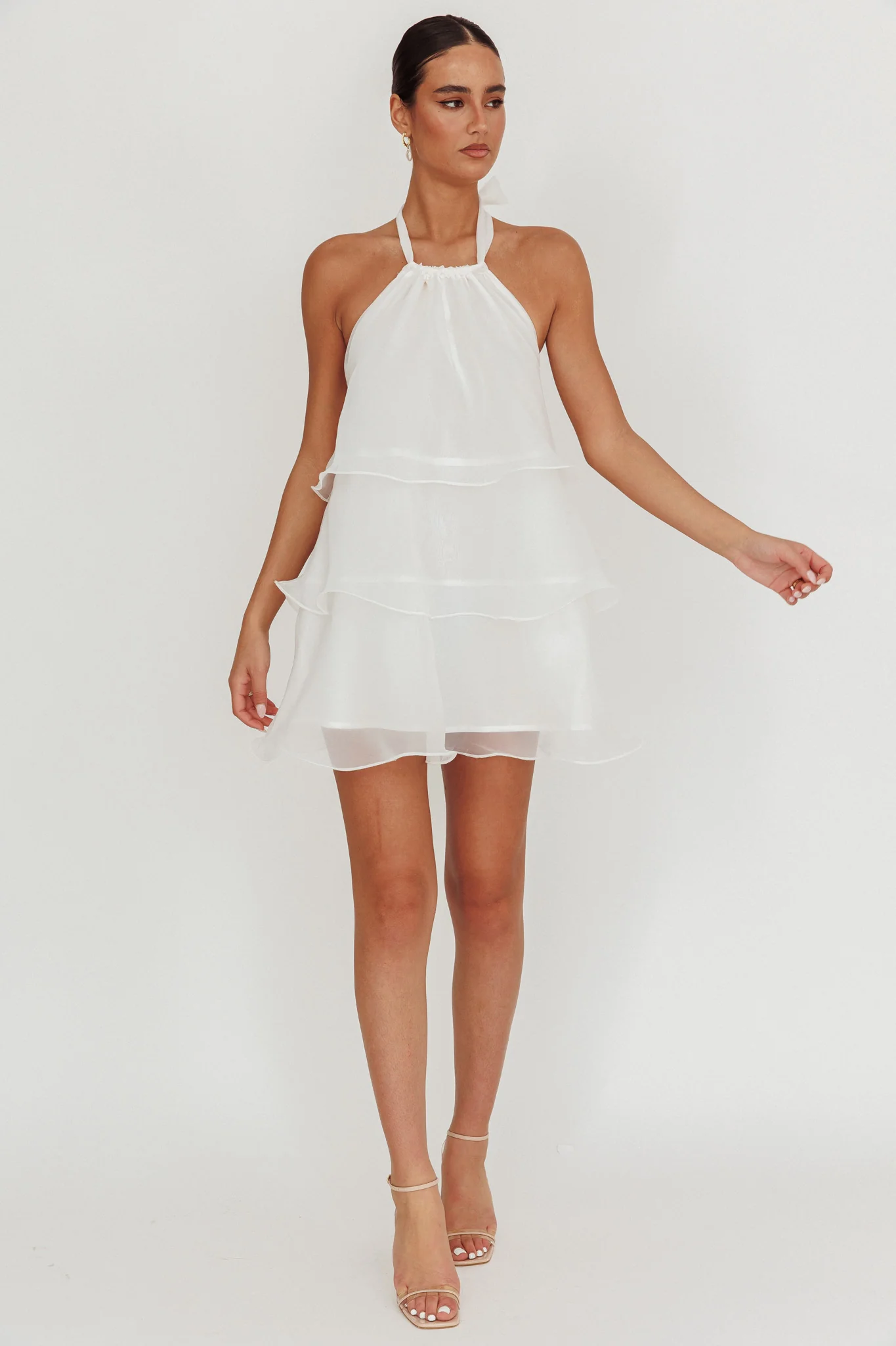 Tulips Tiered Halterneck Mini Dress White - Sonourner