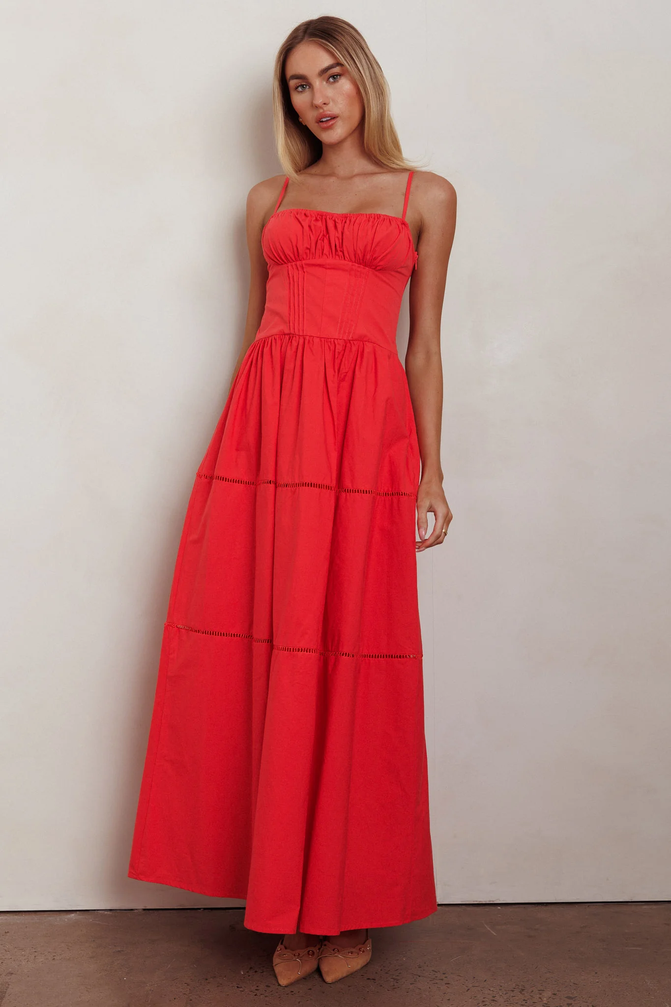 Heavenly Glow Gathered Bust A-Line Maxi Dress Red - Sonourner
