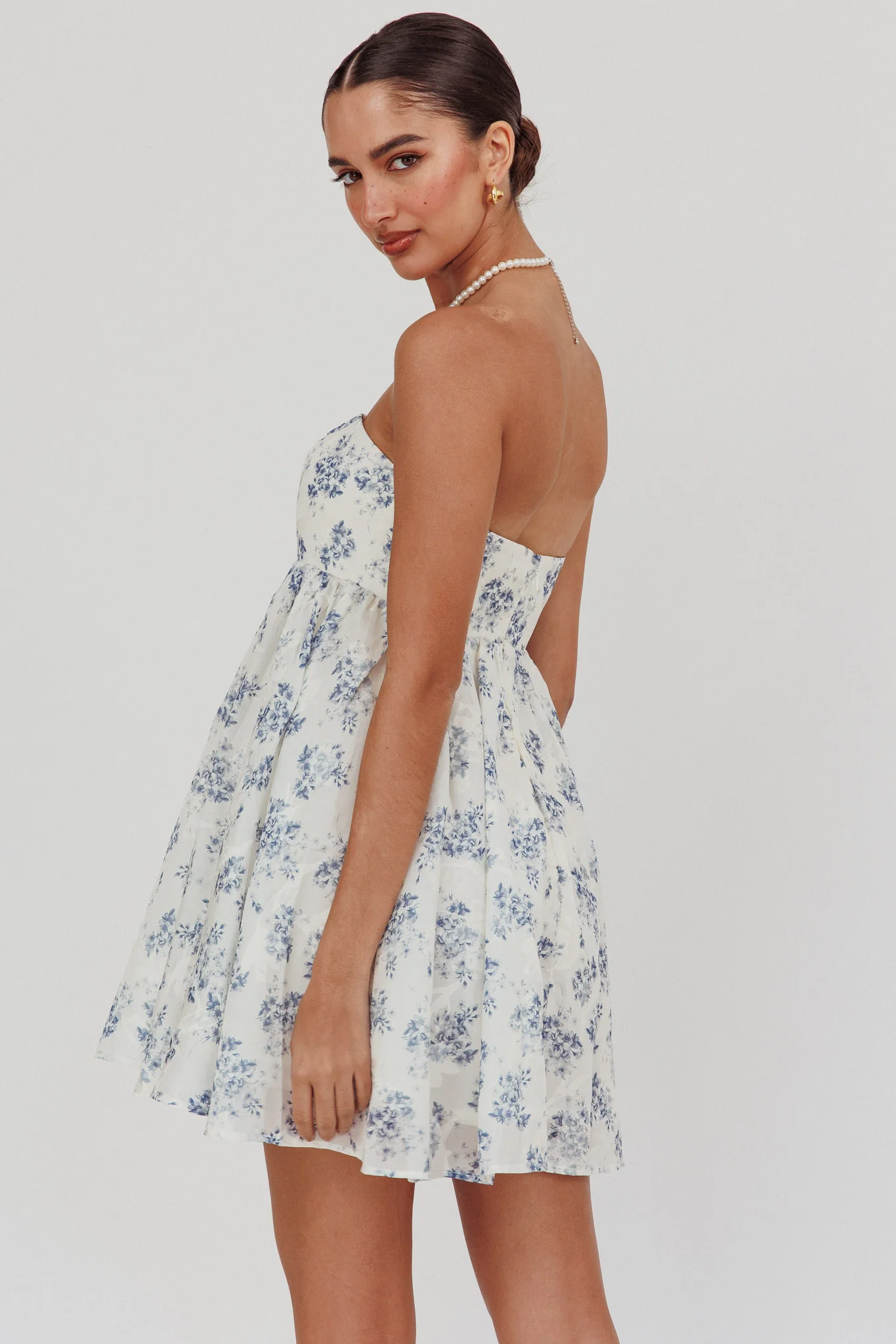 Vitoria Strapless Babydoll Dress Floral Blue - Sonourner