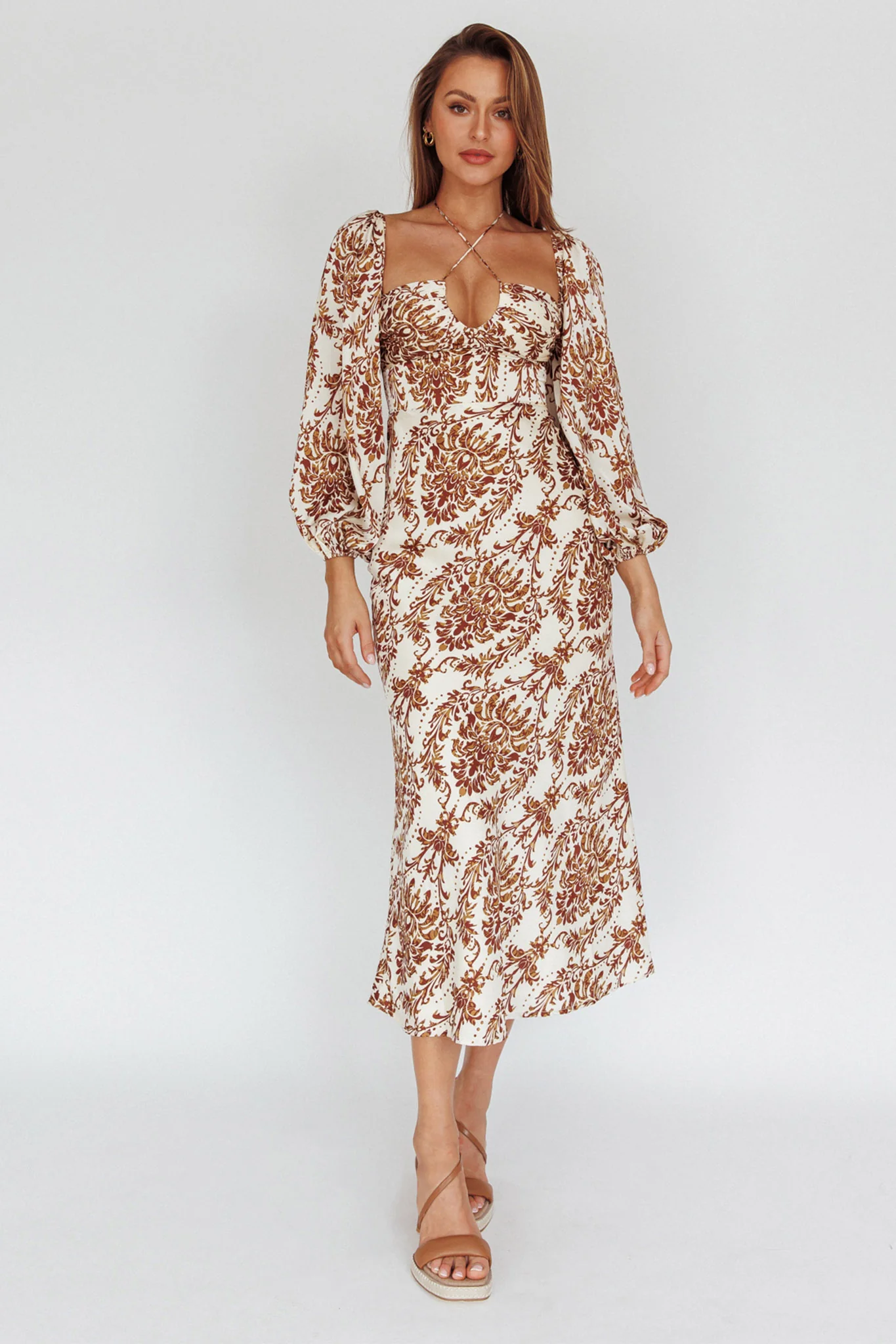 Nyree Long Sleeve Maxi Dress Floral Brown - Sonourner