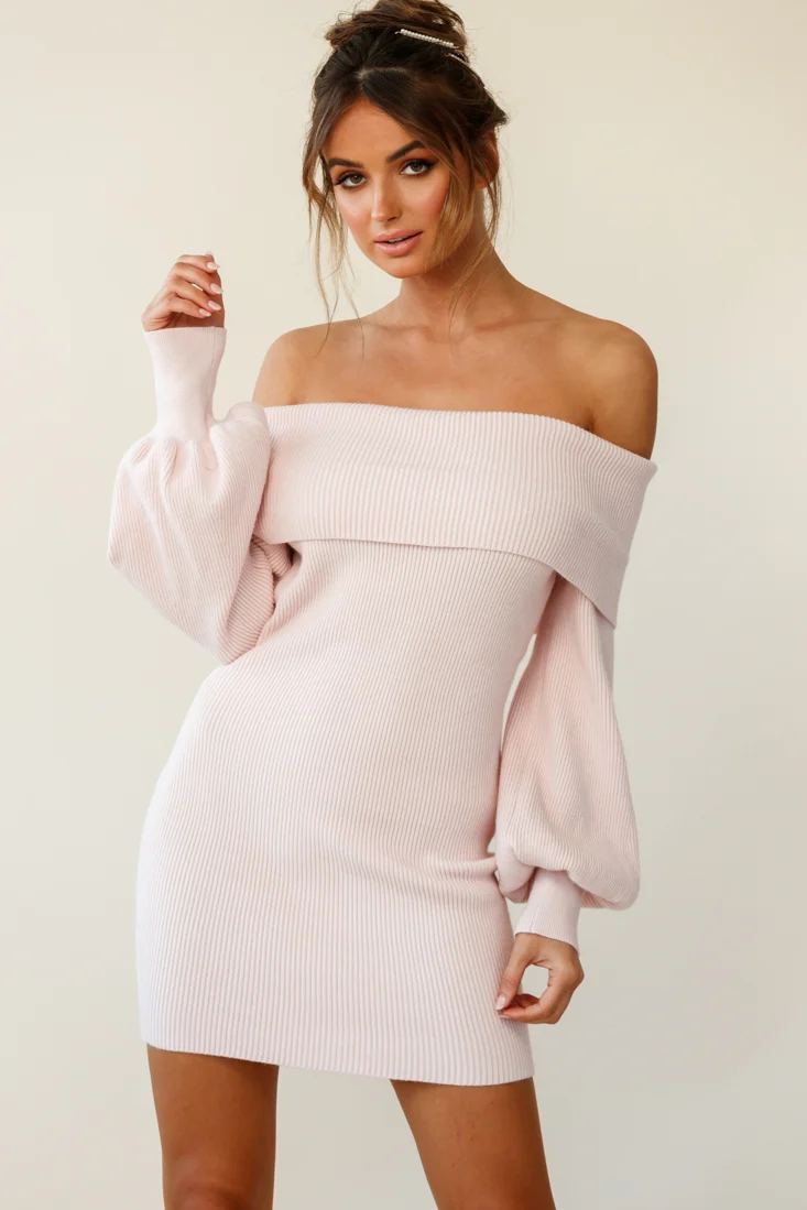 Runaway Off Shoulder Balloon Sleeve Knit Dress Pink - Sonourner