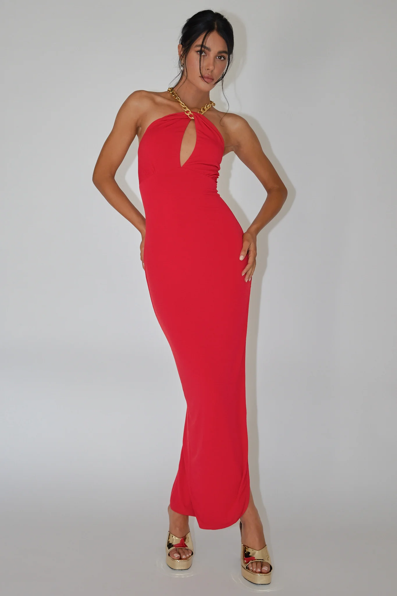 Slow Dance Chain Halter Midi Dress Red - Sonourner