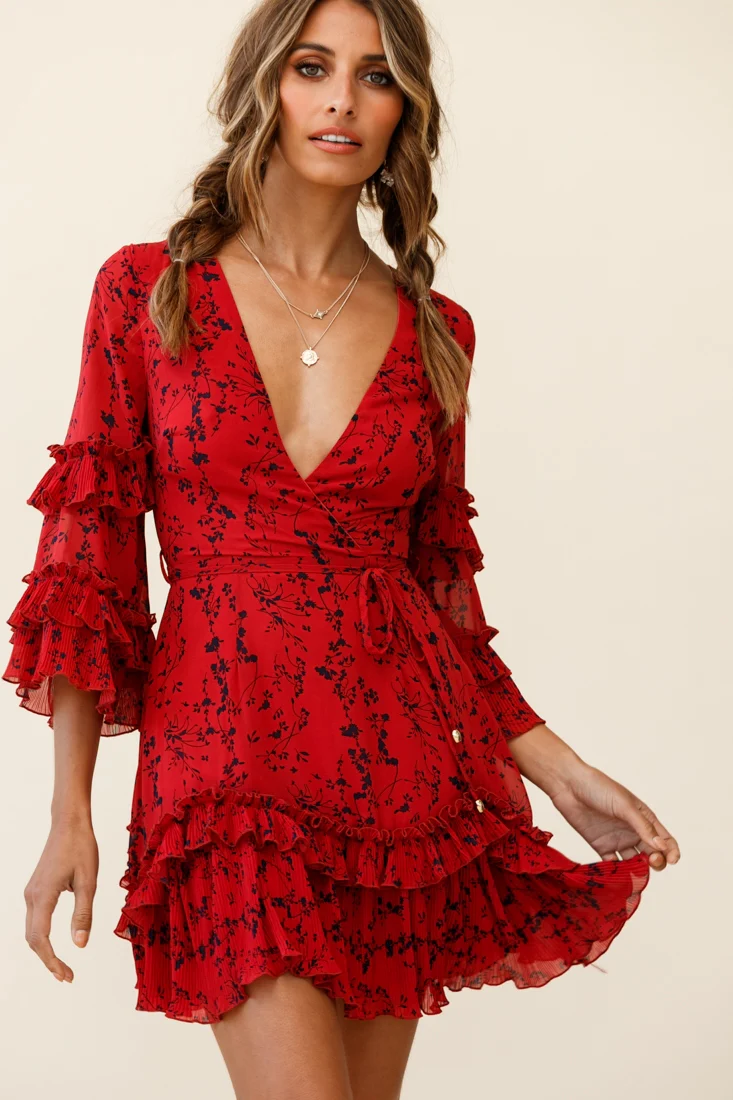 Erica Bell Sleeve Accordion Pleat Dress Floral Print Red - Sonourner