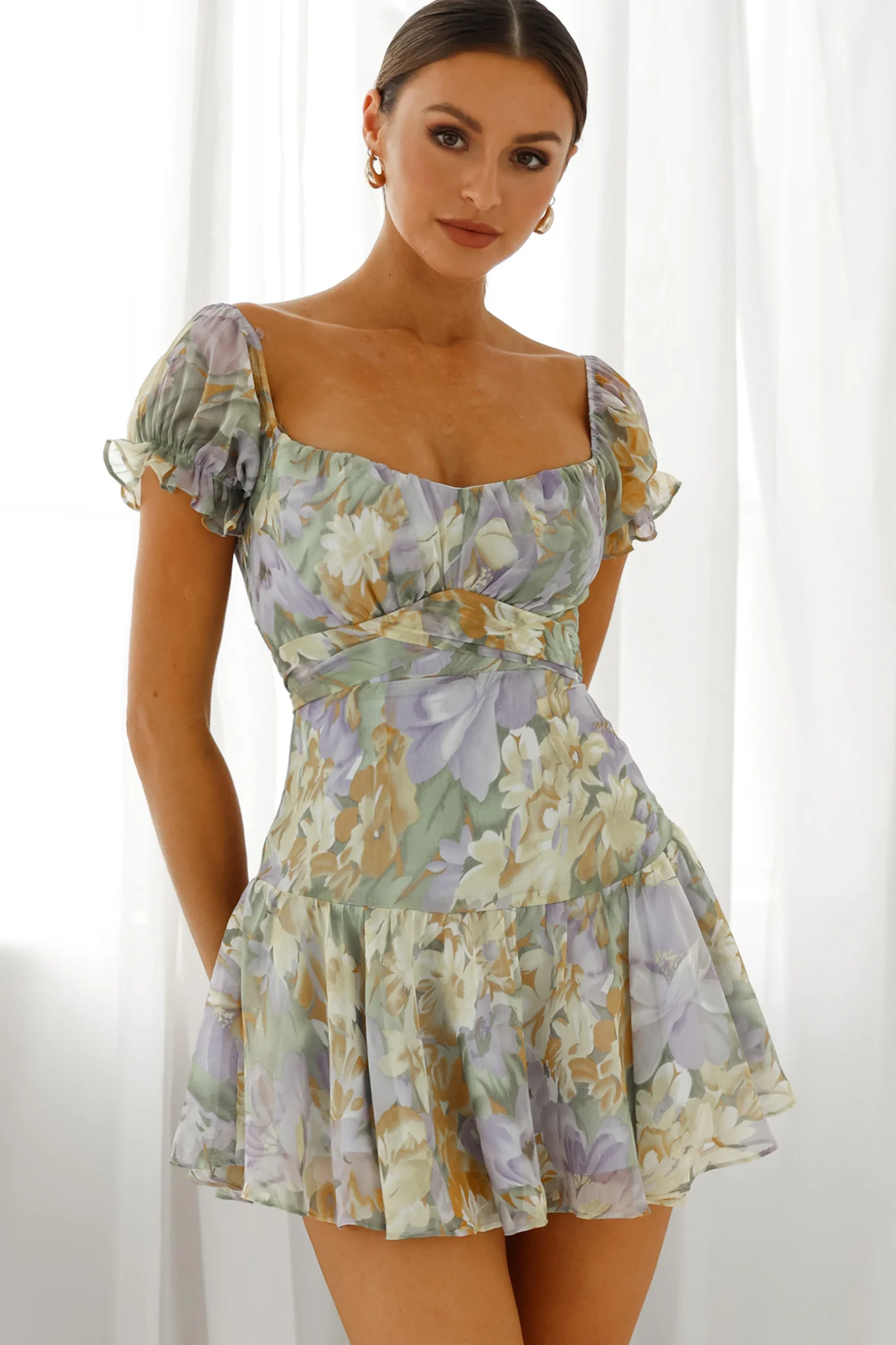 Linka Off-Shoulder Tie Back Fluted Hem Dress Floral Print Yellow - Sonourner