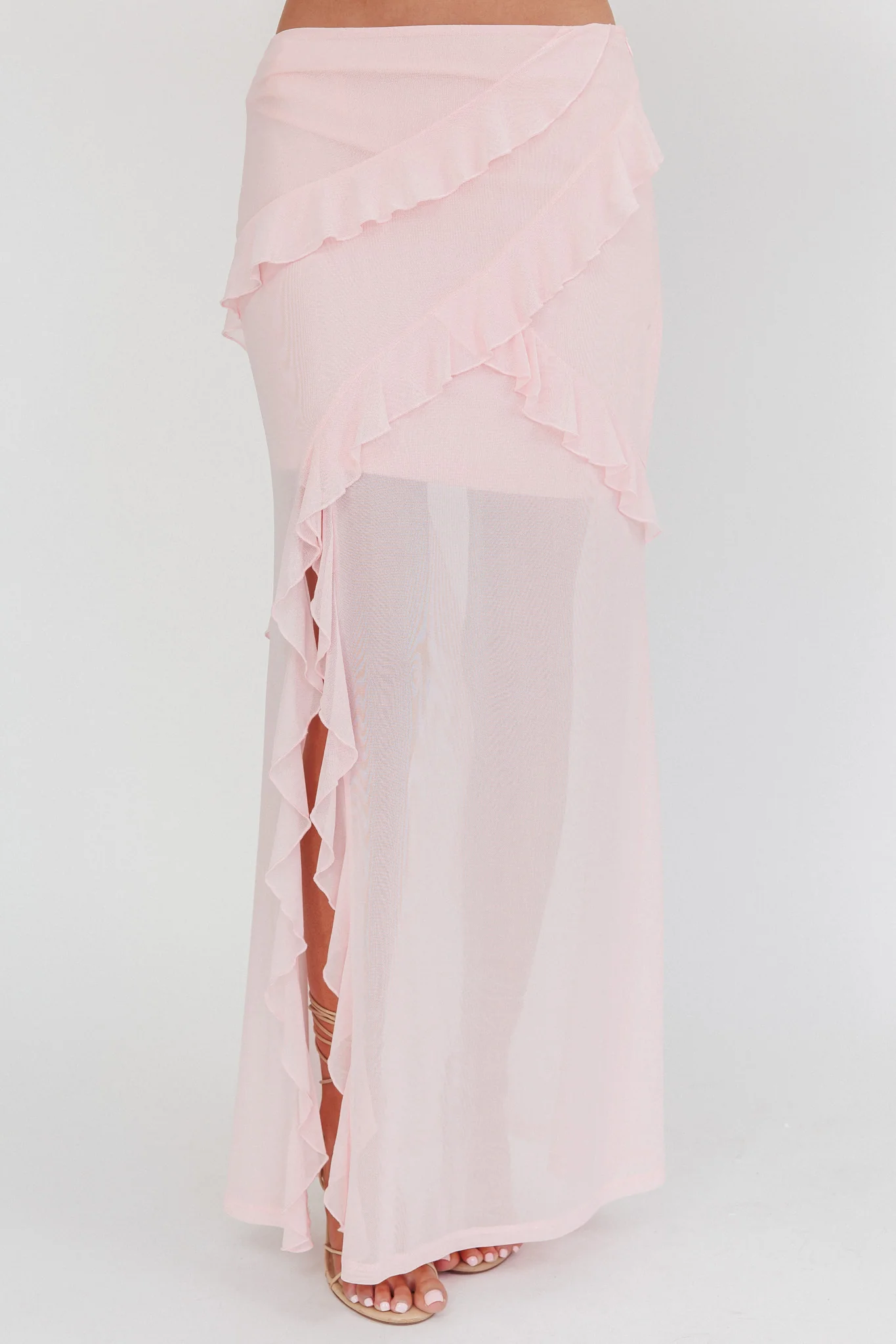 Frosted Sugar Ruffle Trim Split Midi Skirt Pink - Sonourner