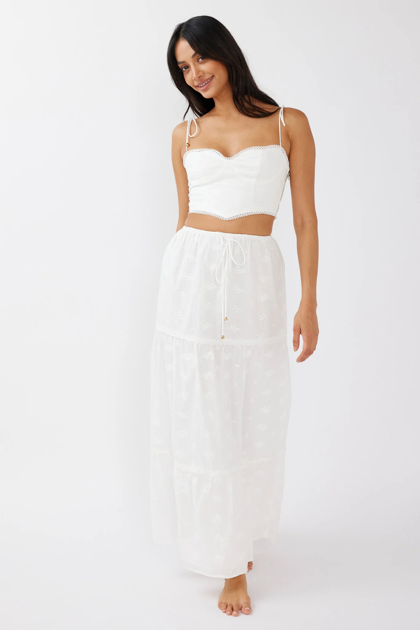 Gracelyn Drawstring Embroidery Maxi Skirt White - Sonourner