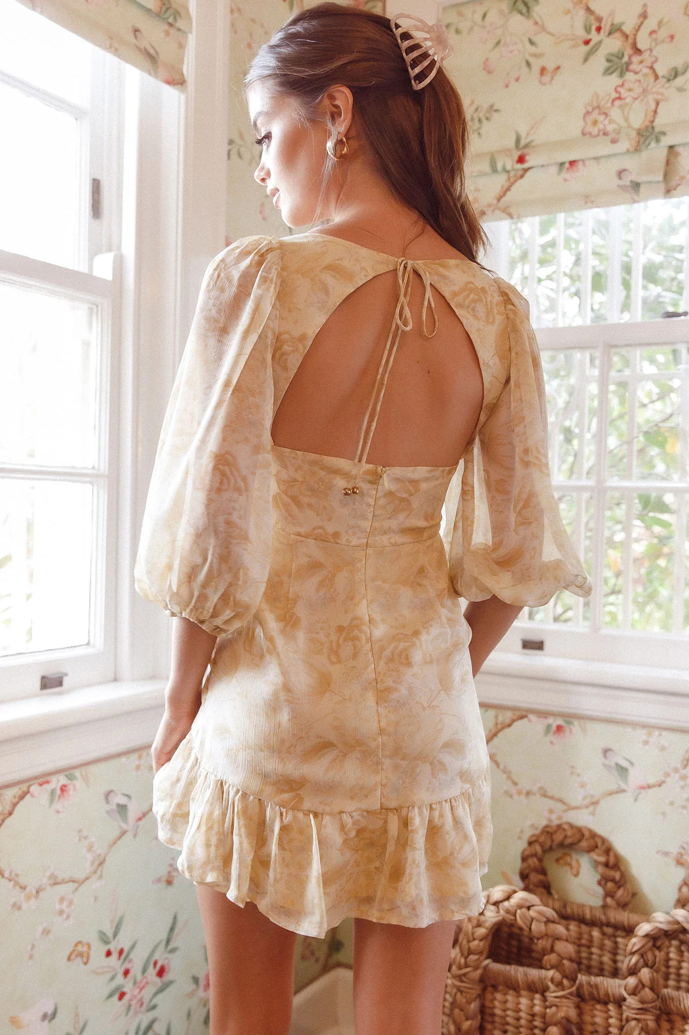 Tresa Twist Front Flounce Hem Mini Dress Floral Yellow - Sonourner