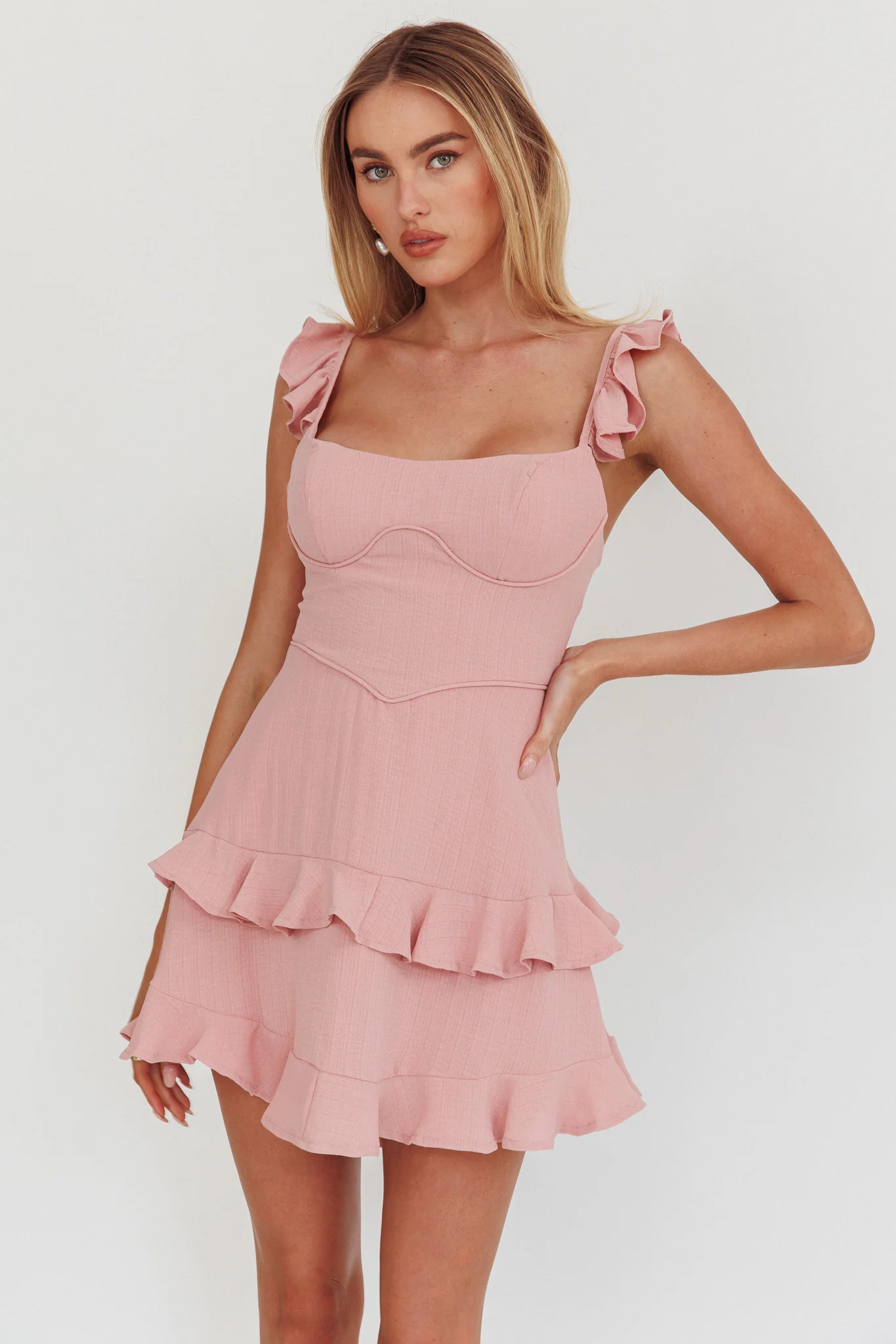 Moonlit Moment Ruffle Trim Piping Detail Lace-Up Back Dress Dusty Rose - Sonourner