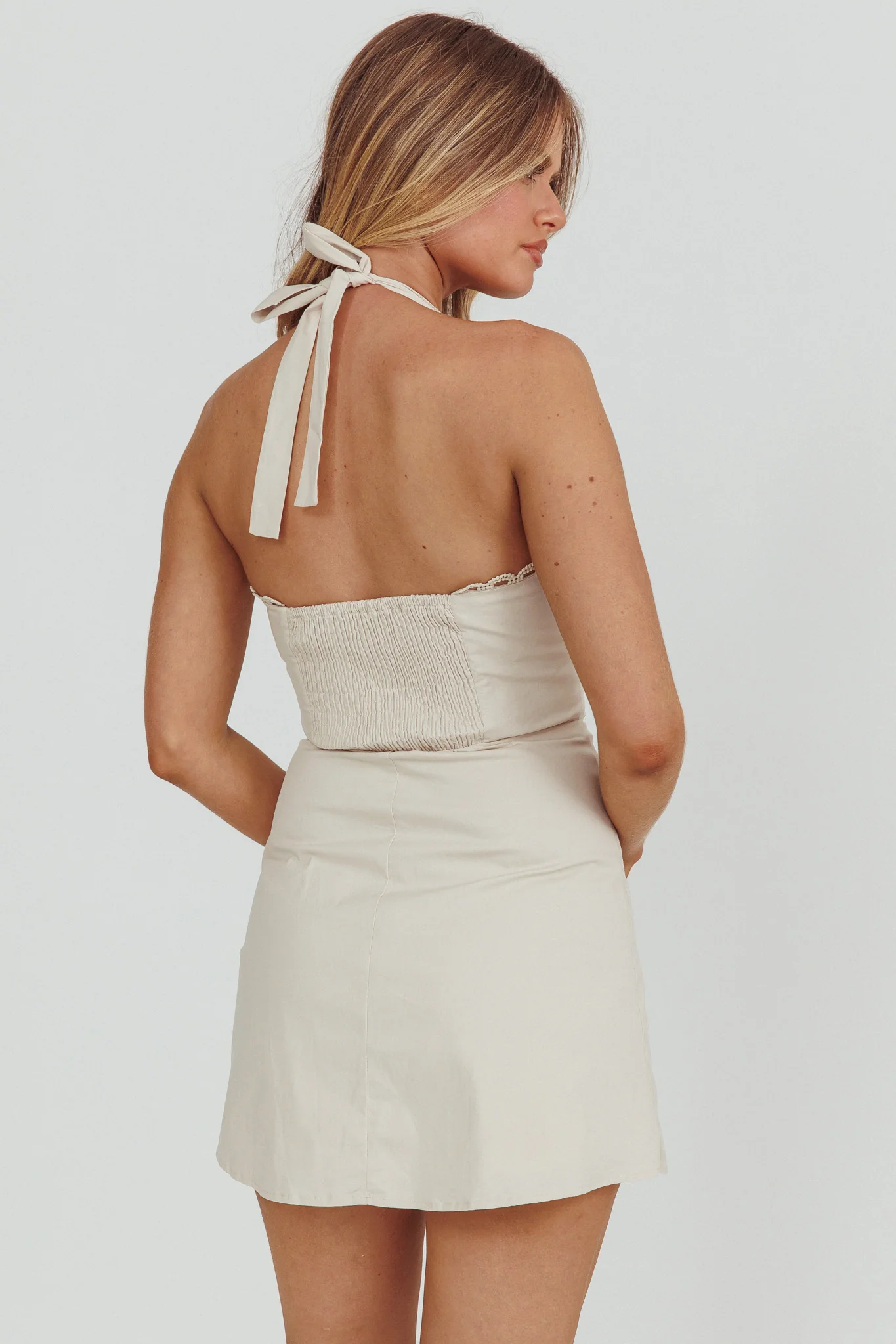 Jovial Halterneck Mini Dress Stone - Sonourner