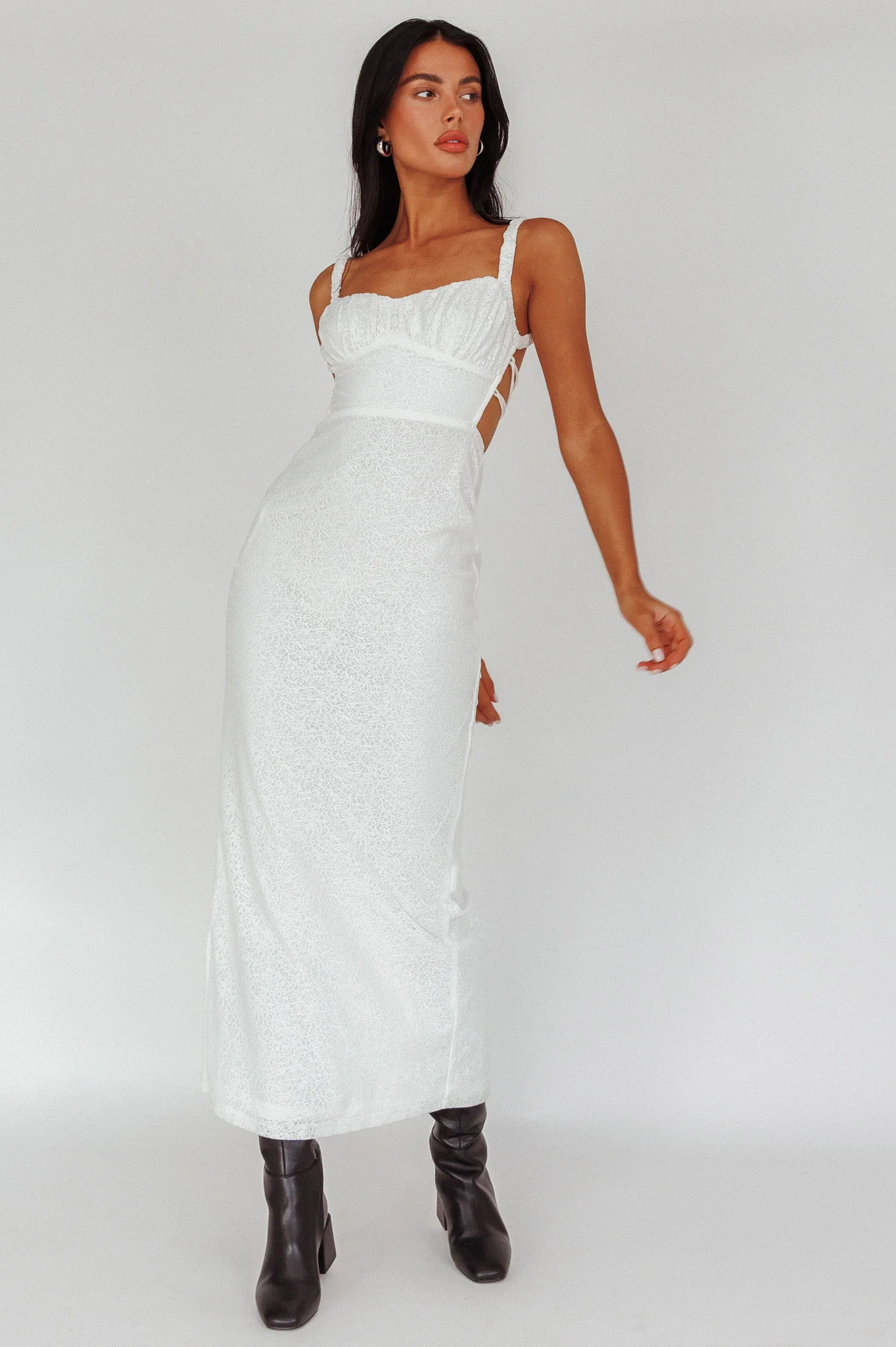 Dream Crush Lace-Up Back Mesh Overlay Midi Dress White - Sonourner