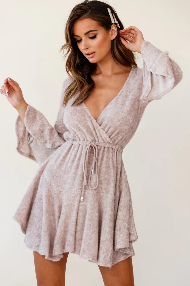 Wait For It Long Sleeve Drawstring Dress Blush - Sonourner