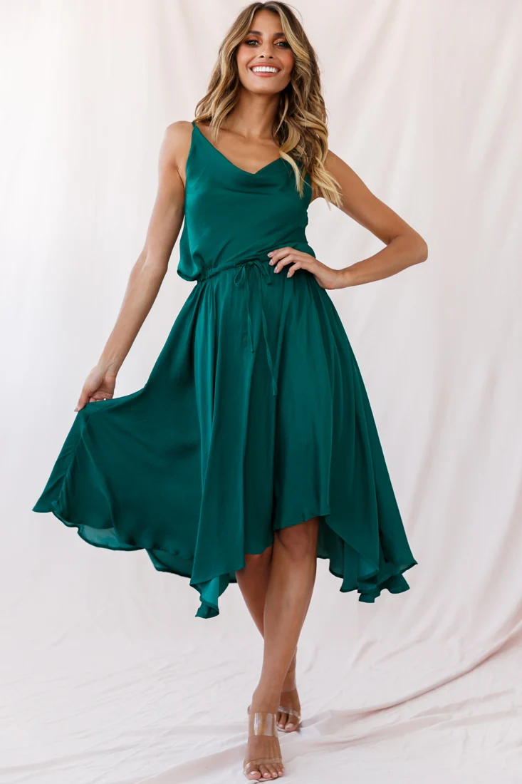 Ava Cowl Neck Drawstring Midi Dress Forest Green - Sonourner