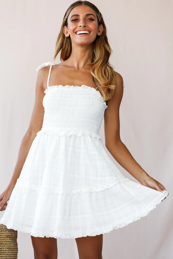 Sherry Tied Shoulder Shirred Bust Dress White - Sonourner