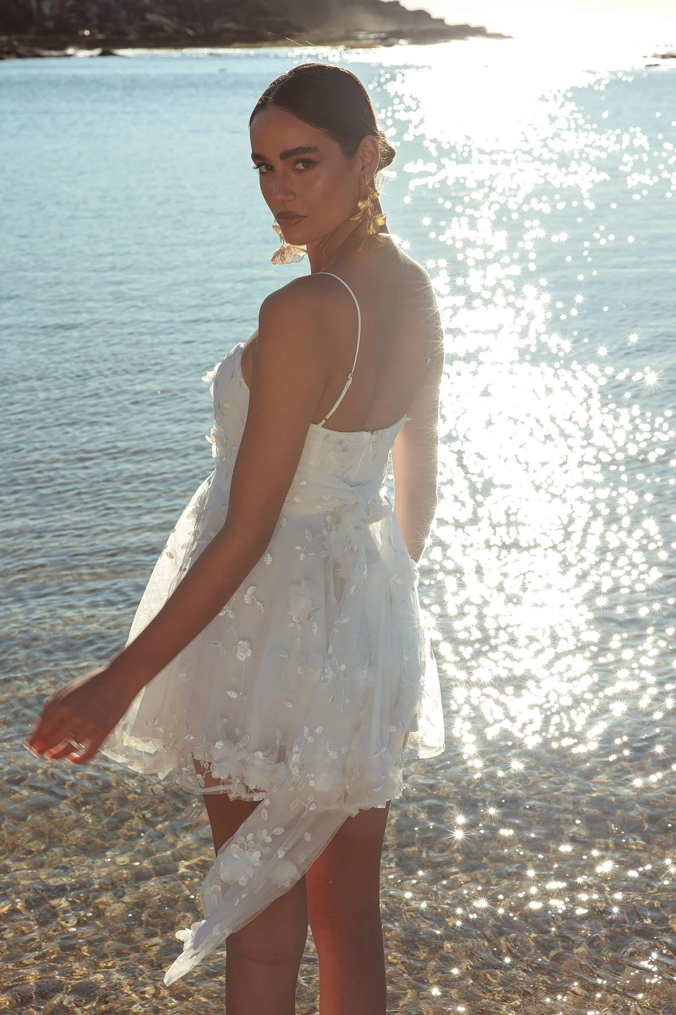 Athens Floral Bow Mini Dress White - Sonourner