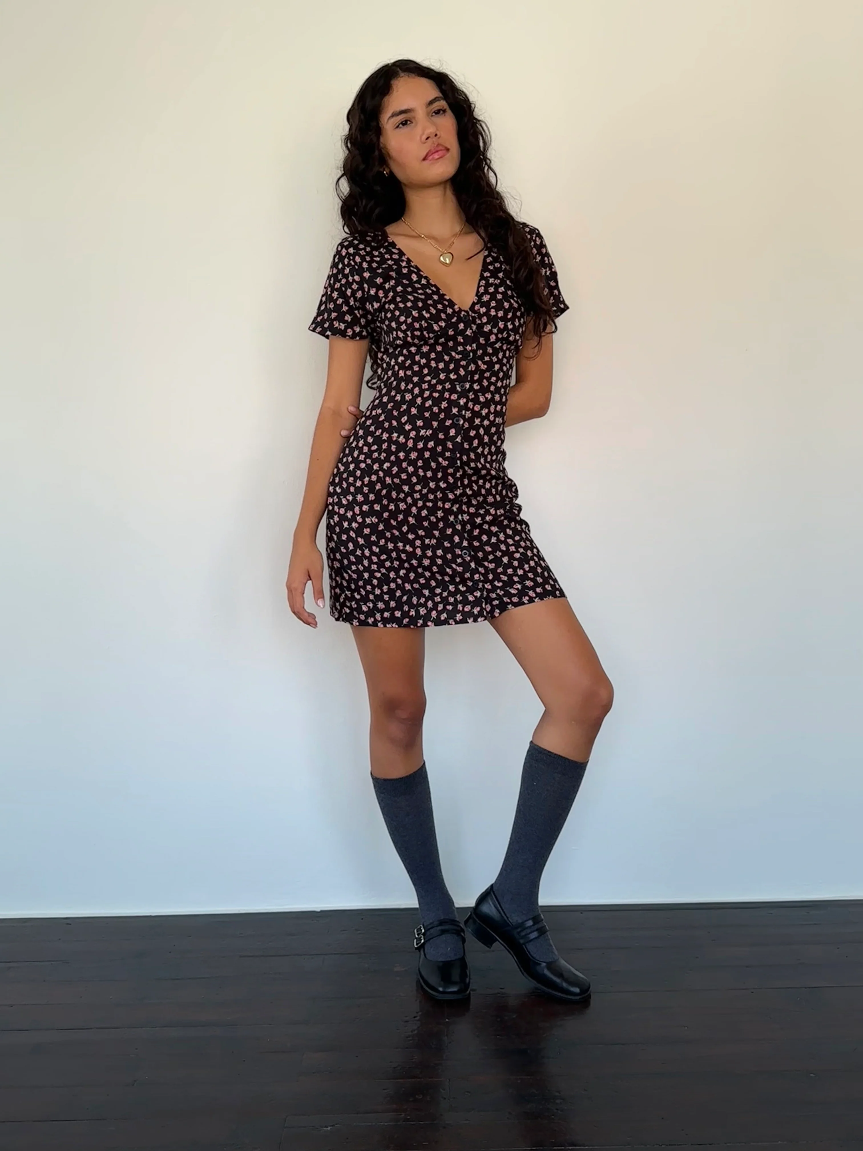 Field Trip Button Front Mini Dress Black Floral - Sonourner