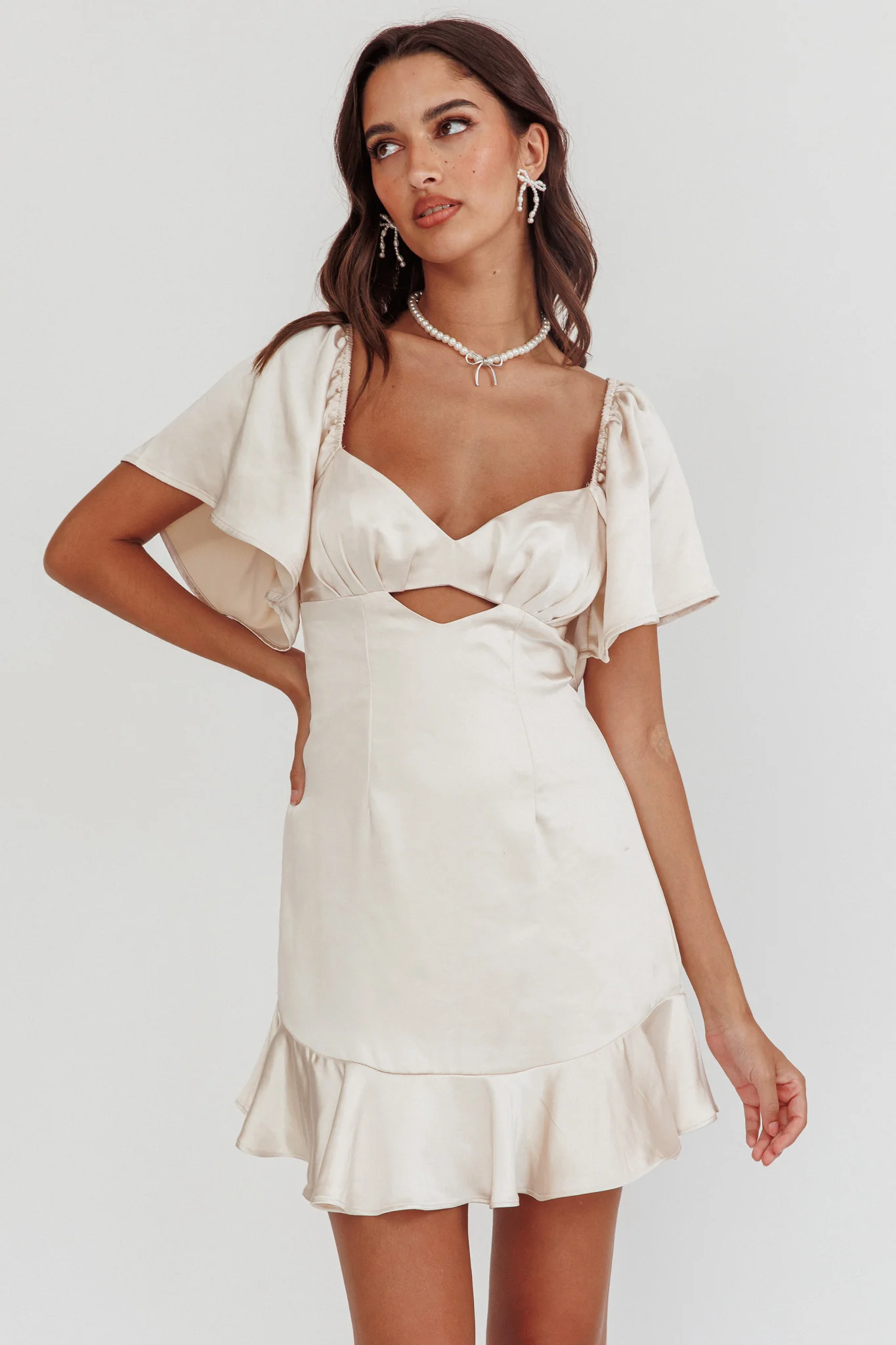 Eyes On You Pleated Bust Angel Sleeve Ruffle Hem Dress Champagne - Sonourner