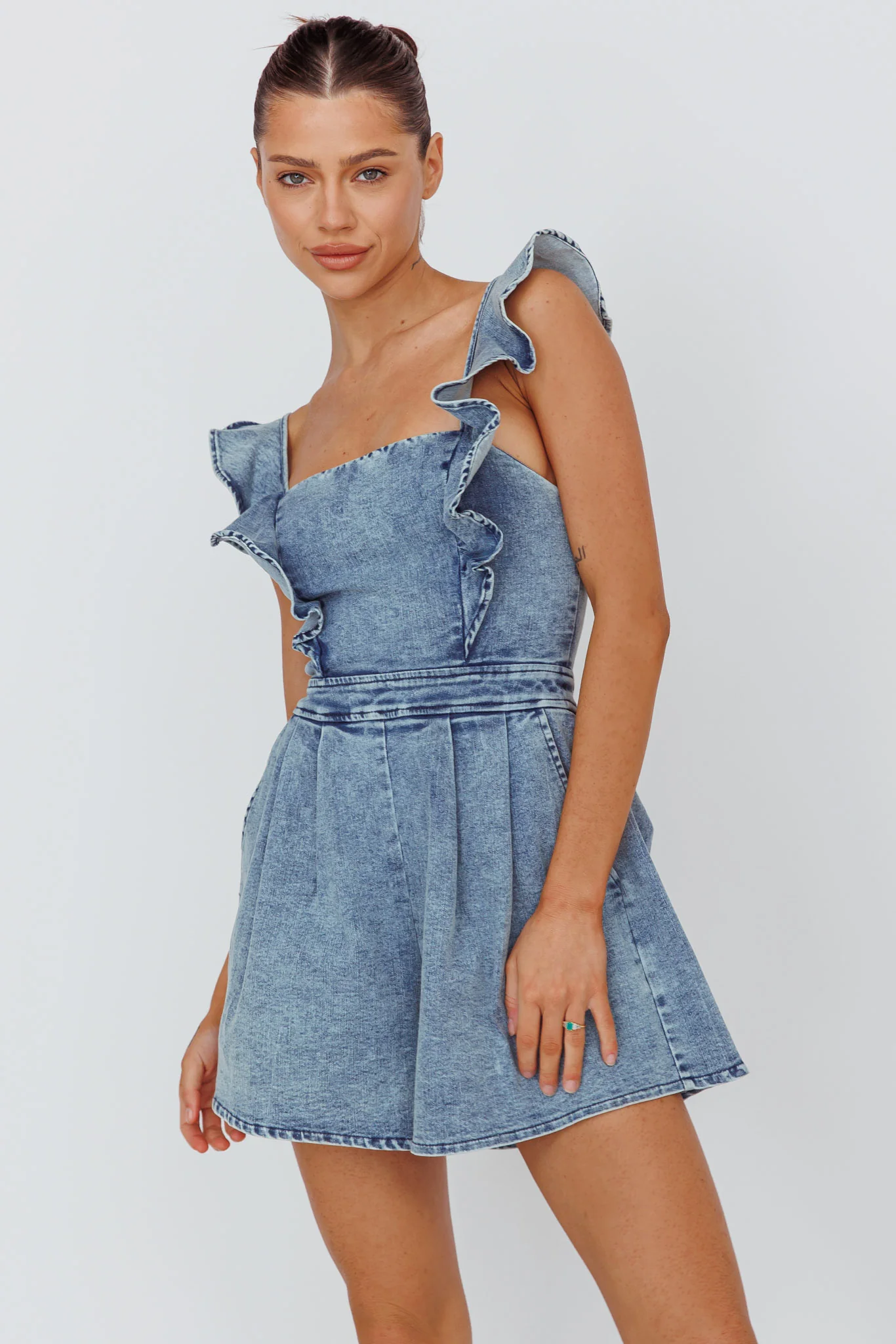 Nola Flared Ruffle Romper Denim - Sonourner