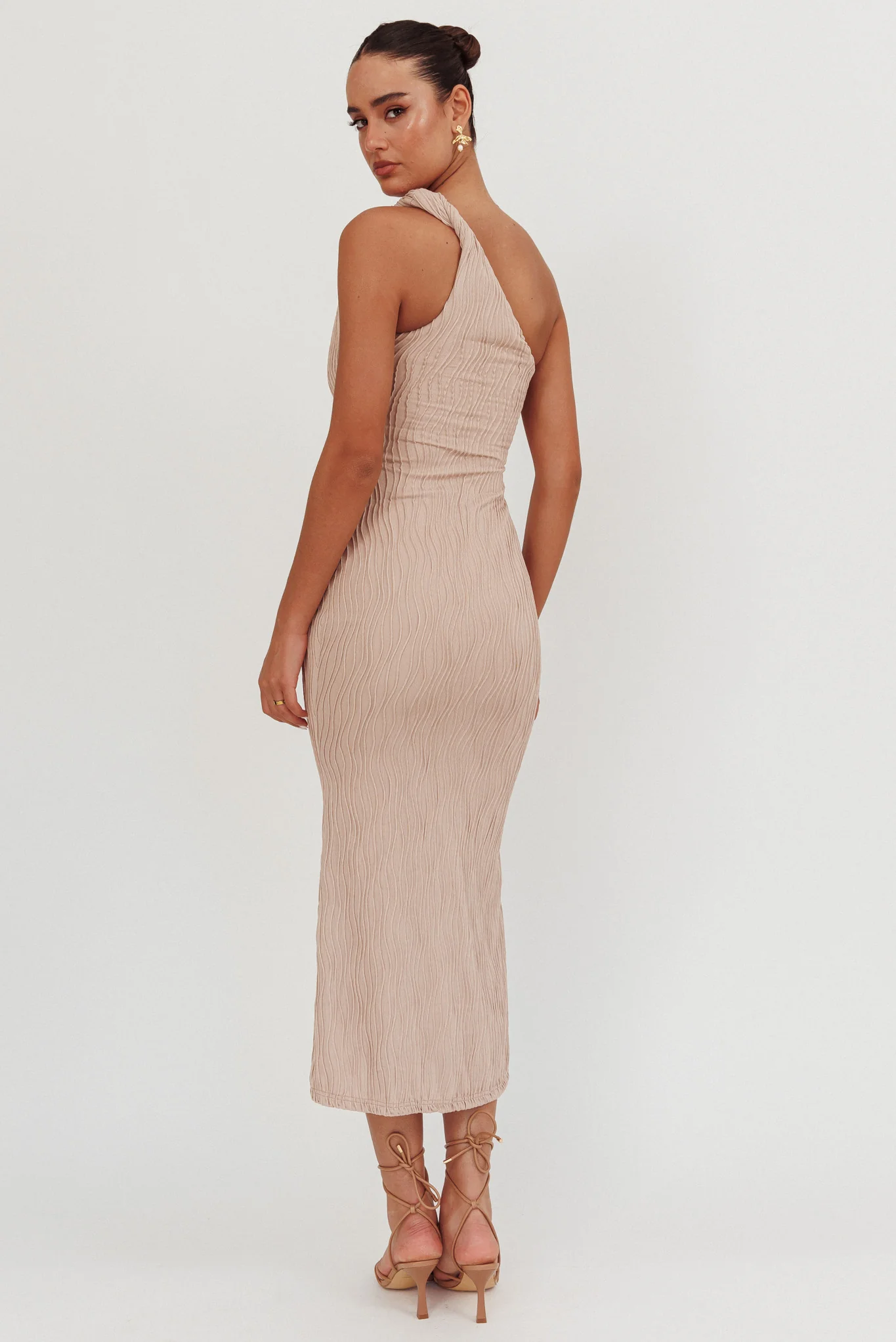Lingering Love One-Shoulder Twist Midi Dress Beige - Sonourner