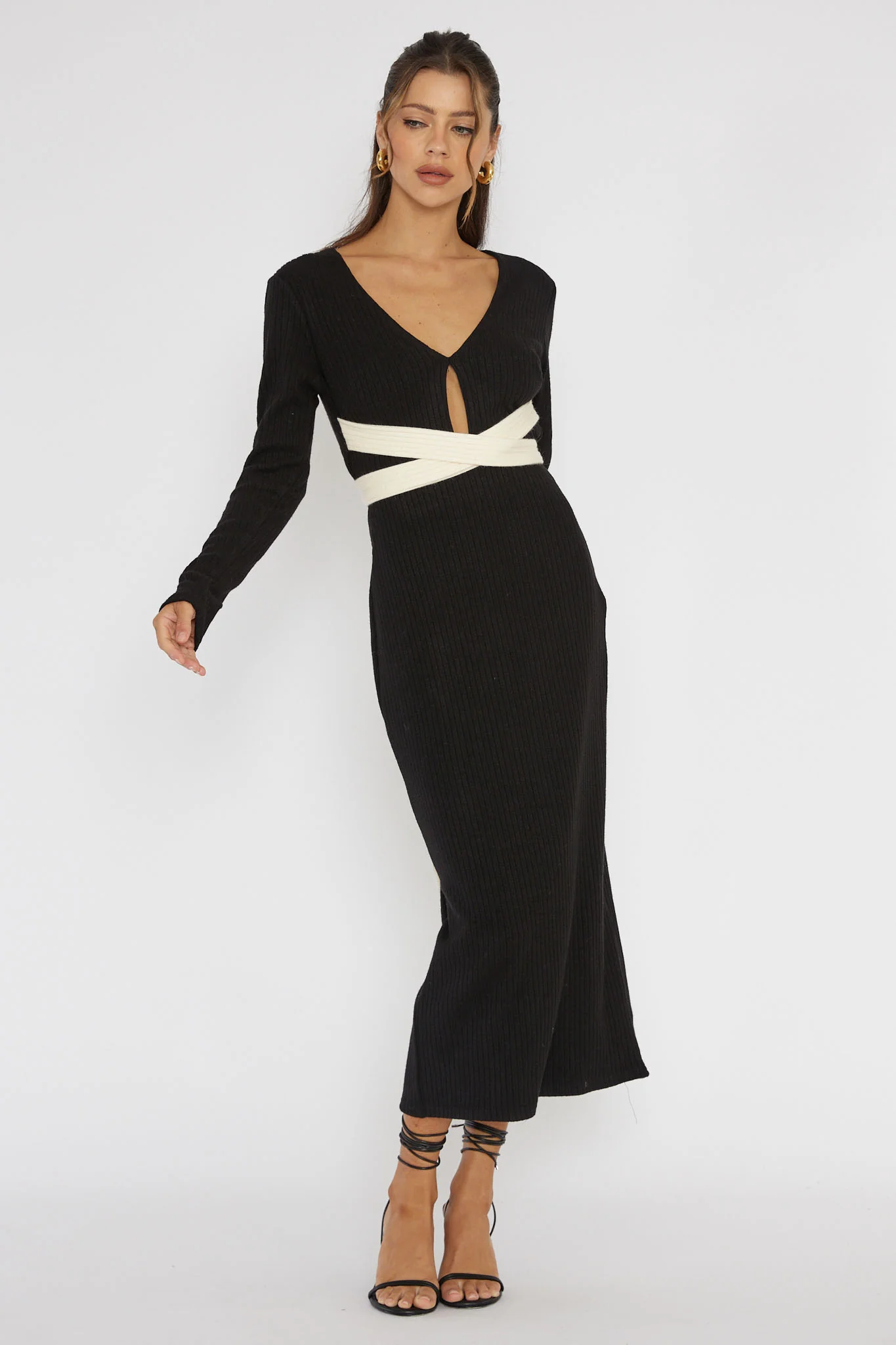 So Emotional Long Sleeve Cut-Out Knit Dress Black - Sonourner