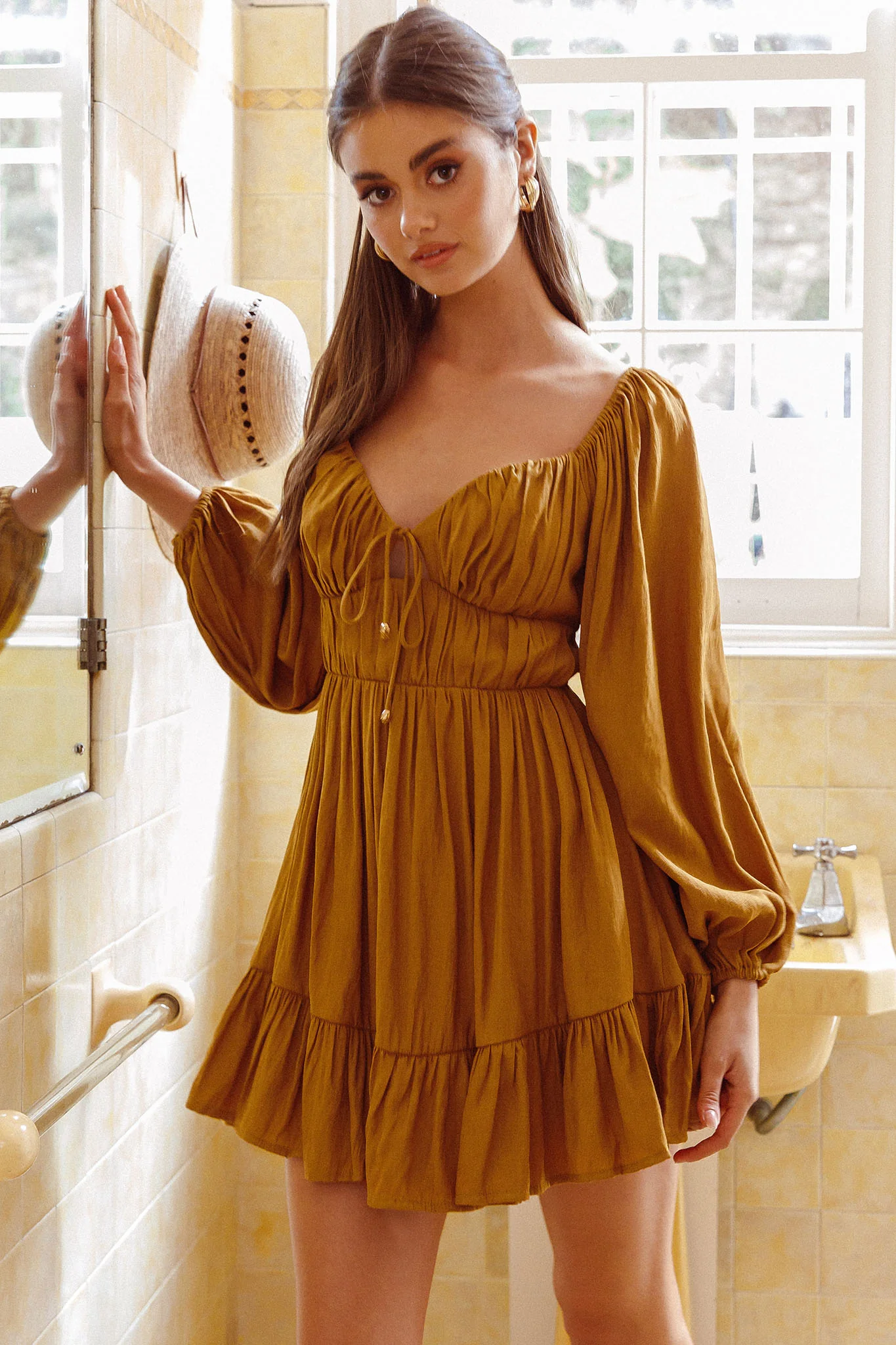 Vista Del Mar Tied Bust Mini Dress Tan - Sonourner