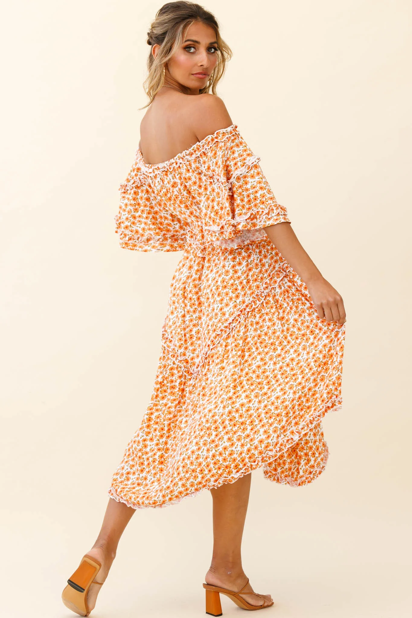 Renoir Off-Shoulder Frill Trim Dress Floral Print Orange - Sonourner