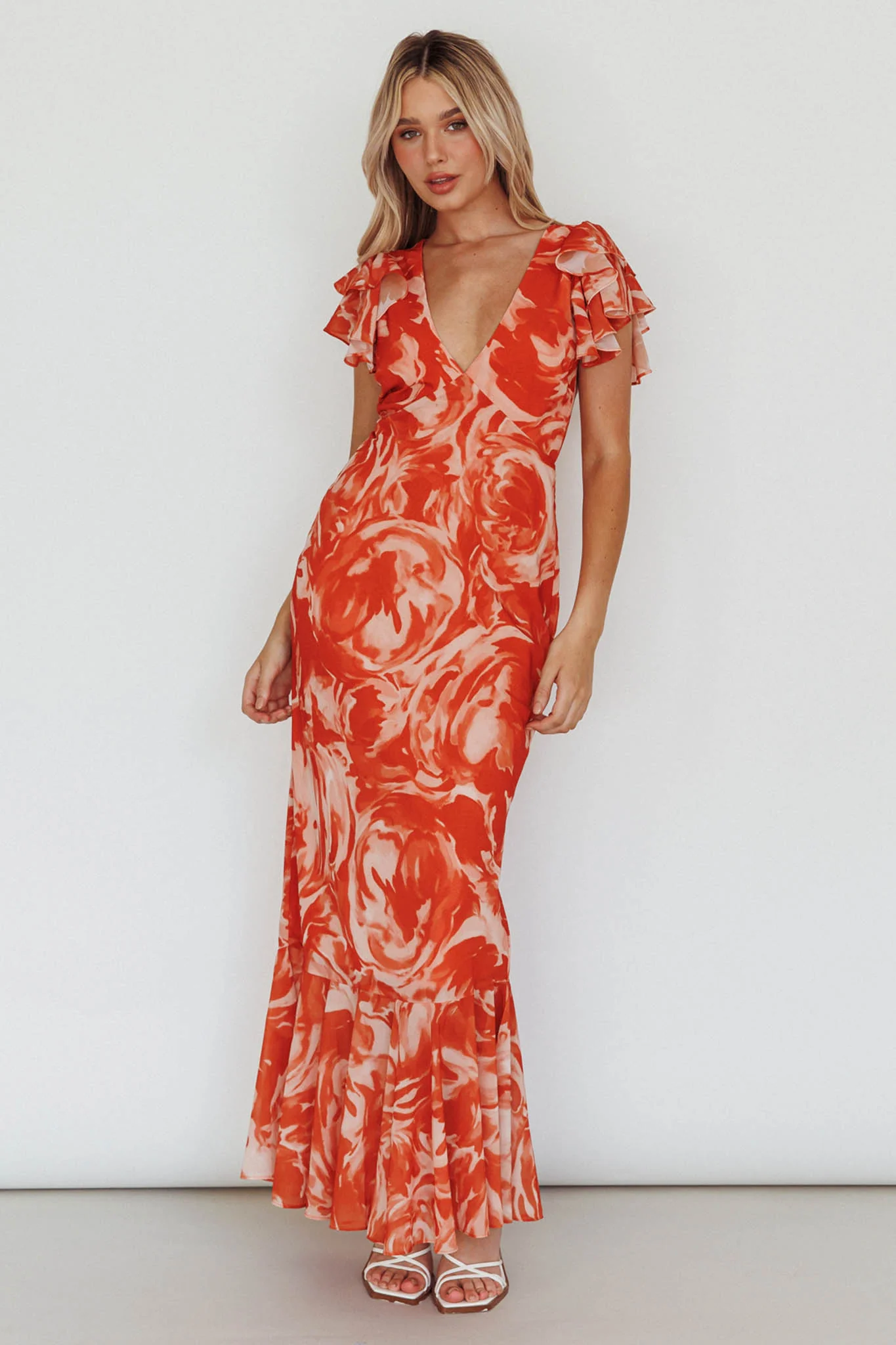 Lydiah Ruffle Sleeve Maxi Dress Floral Orange - Sonourner