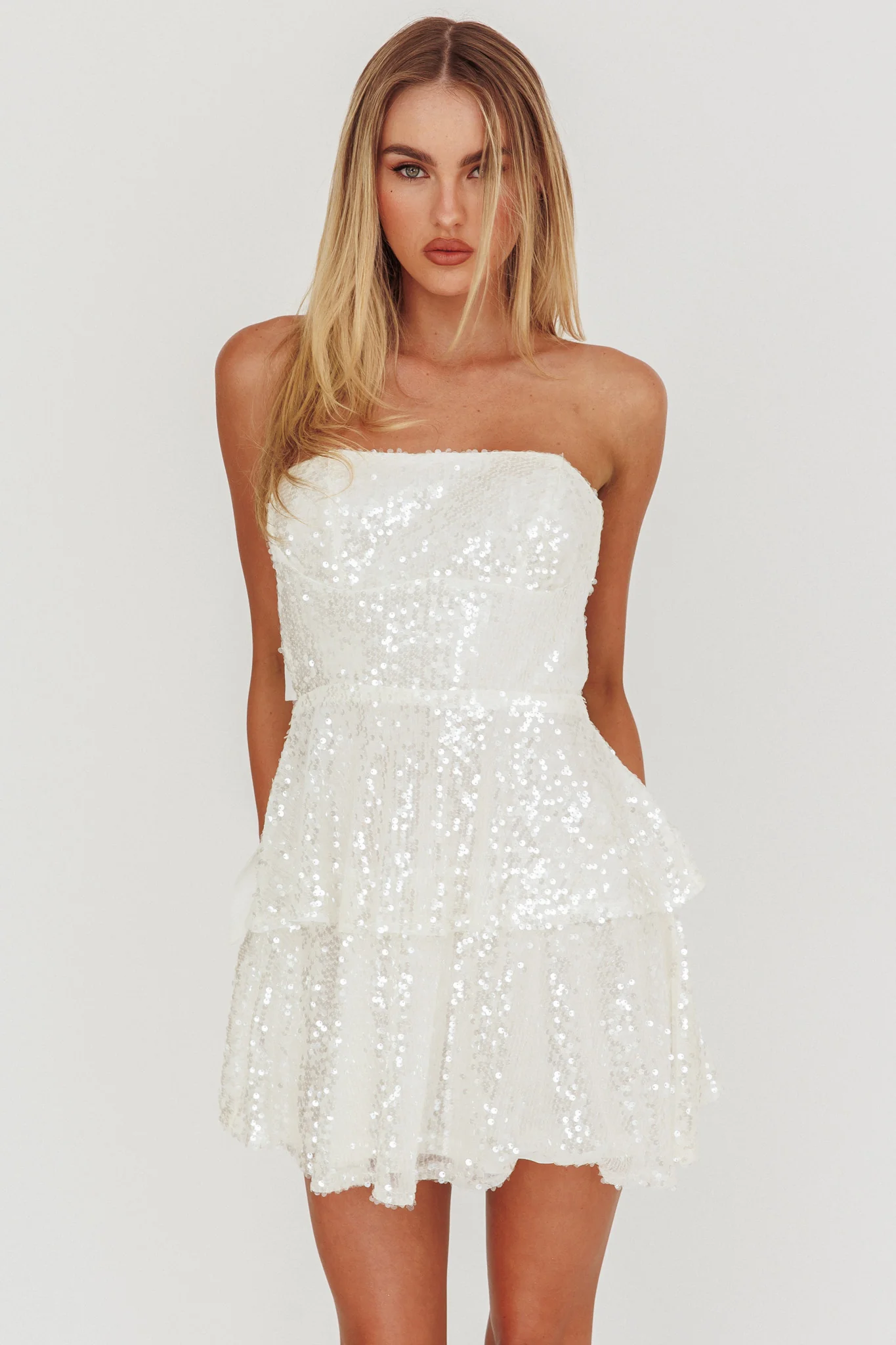 Provence Bloom Tiered Sequin Mini Dress White - Sonourner
