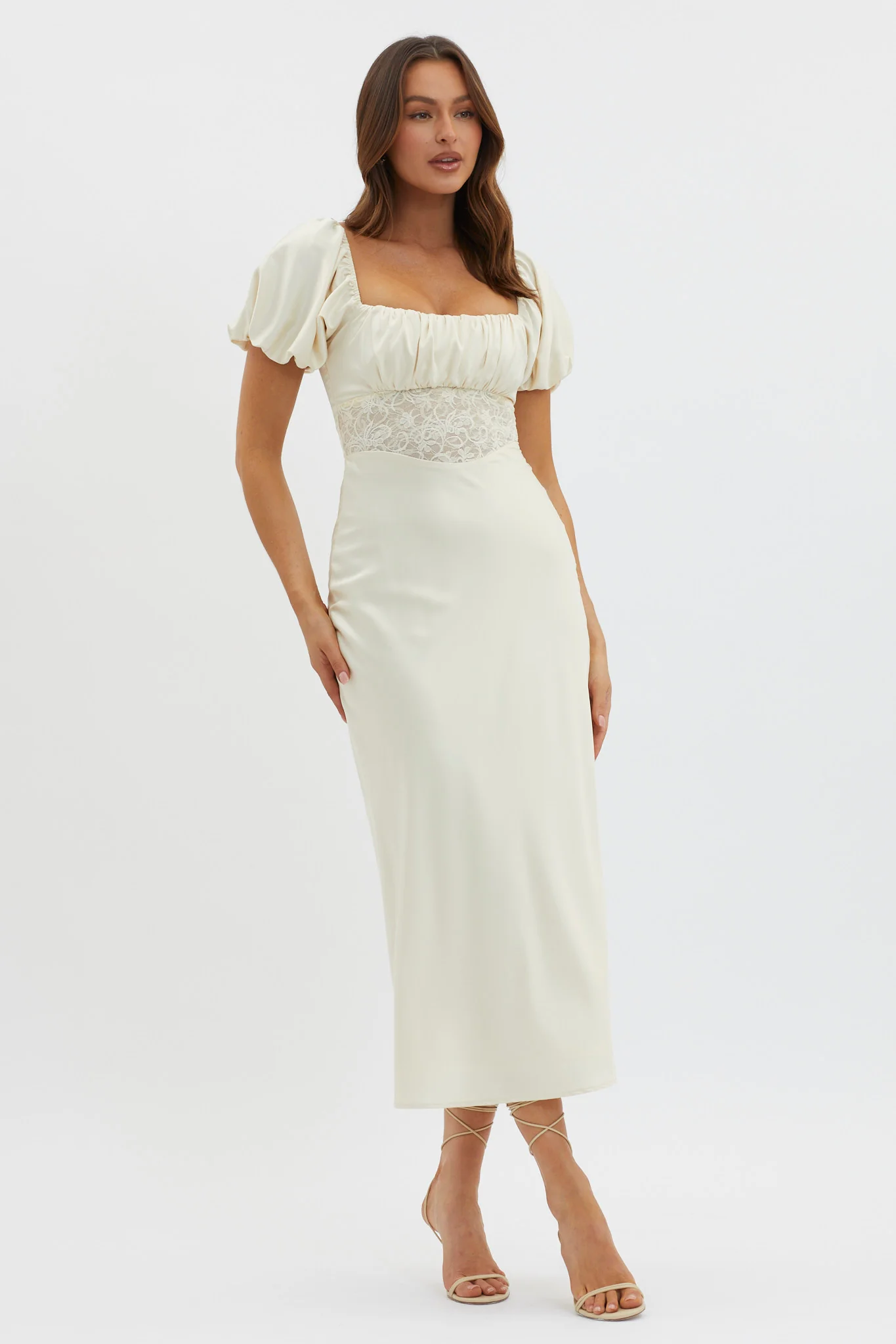 Allianna Puff Sleeve Lace Waist Midi Dress Butter - Sonourner