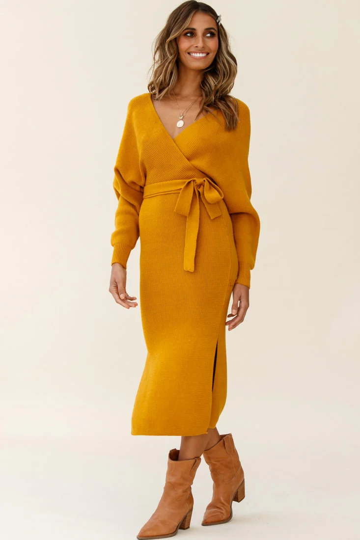 Cameo Batwing Knit Midi Dress Mustard - Sonourner