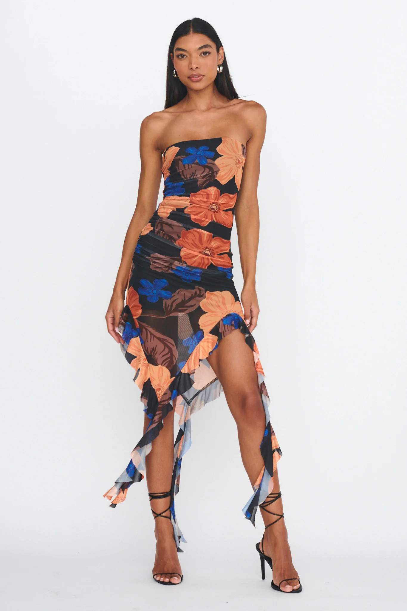 After Party Ruffle Trim Midi Dress Floral Black - Sonourner